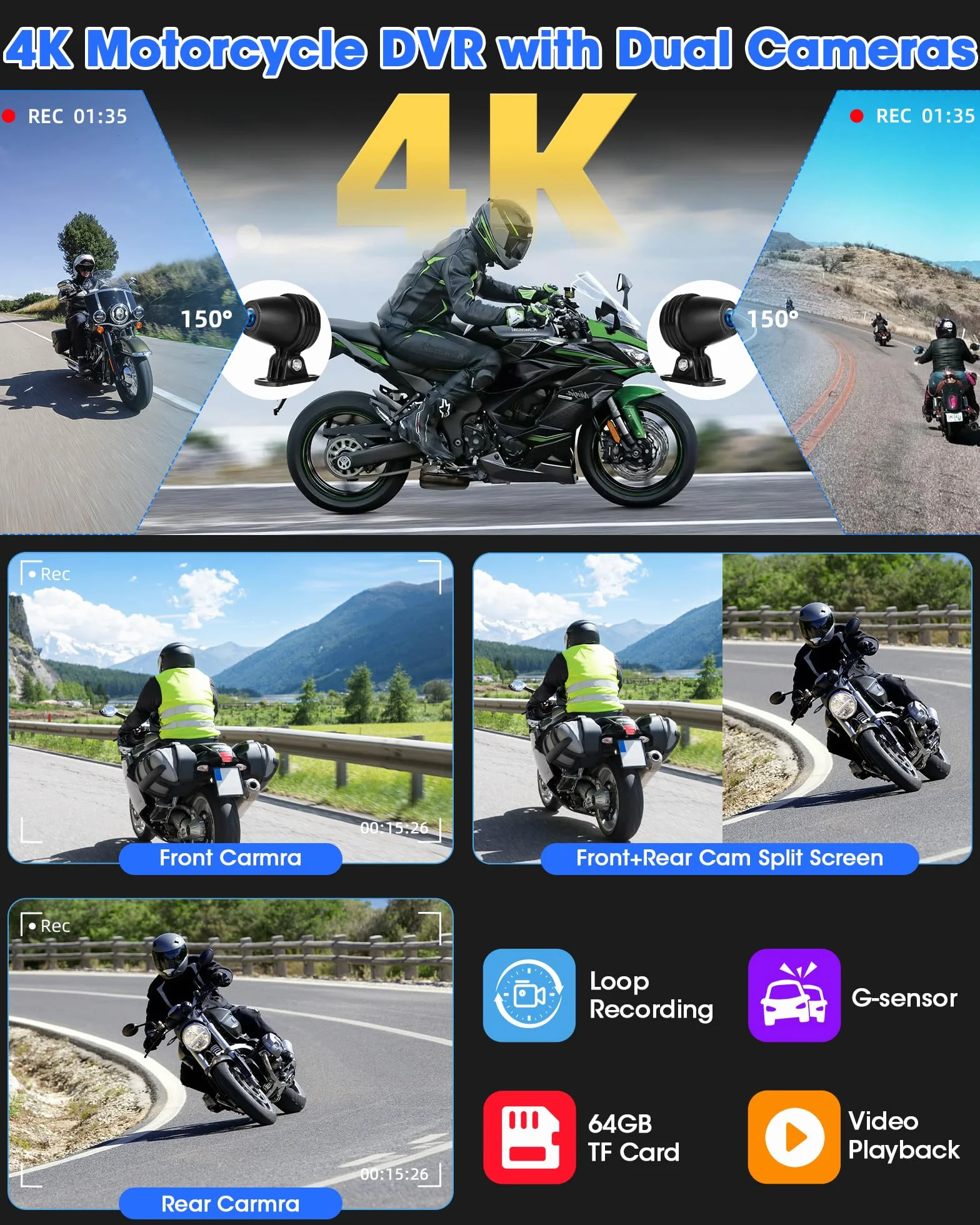 4K Motorrad Carplay Android Auto 6,25 Zoll Motorrad Display mit Dashcam Moto.rrad Navigationsgeräte für Motorräder mit Siri/G-oogle Assistant, Dual-Bluetooth, 64G TF-Karte, Fernbedienung