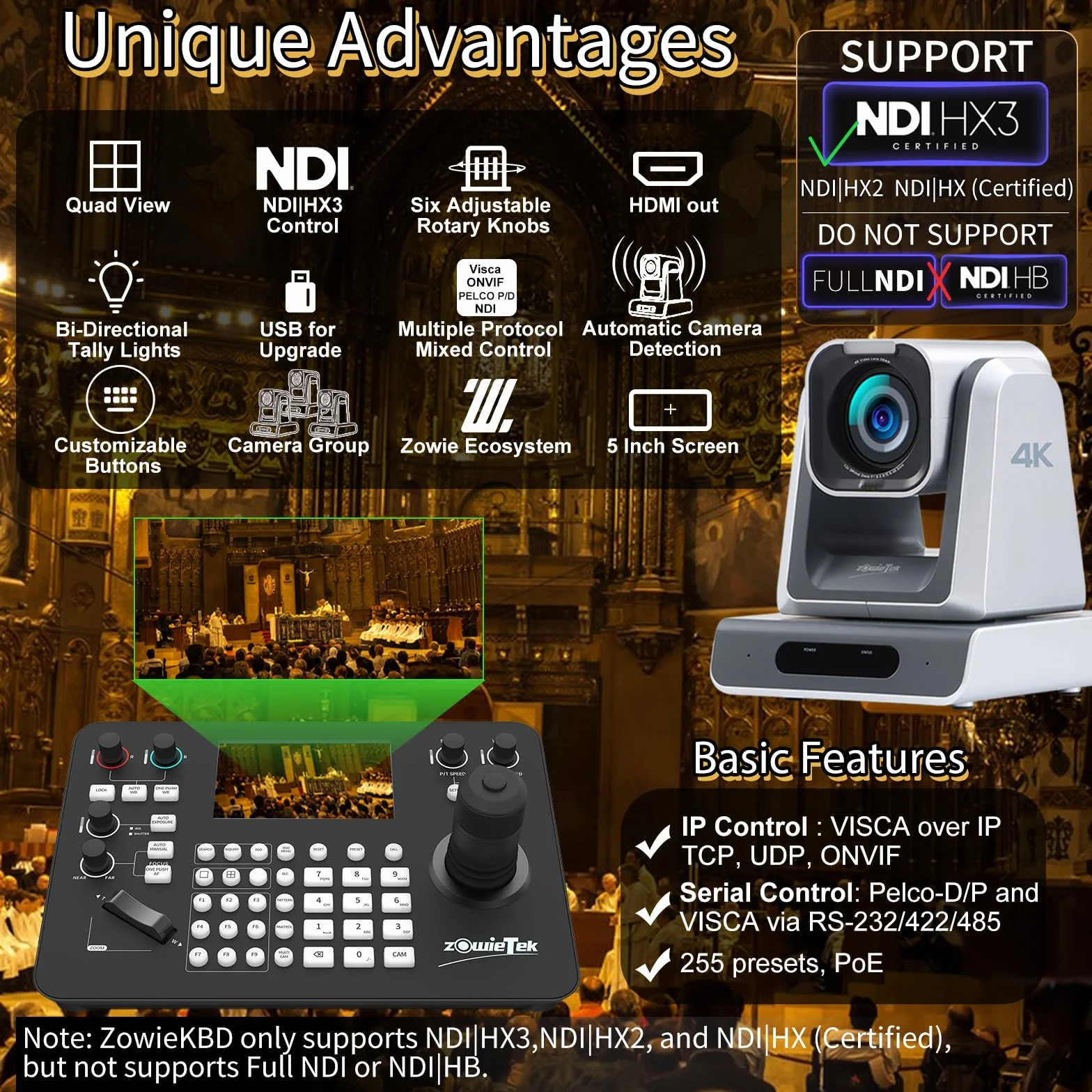 Zowietek PTZ-Controller mit NDI|HX3, 7D-Joystick-Tastatur, HDMI-Ausgang, 5" LCD-Quad-View, automatische Kameraerkennung, Gruppensteuerung, Tally und Audio-Ausgang