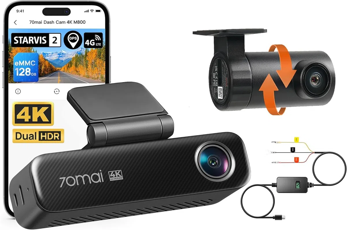 【70mai M800 Dashcam + UP06】 70mai M800 4K Dashcam Auto Vorne & Hinten, STARVIS 2 IMX678 Nachtsicht & F1.7-Blende, Dual HDR, integrierter 128 GB eMMC, Parküberwachung, 5 GHz WLAN, GPS, Sprachsteuerung