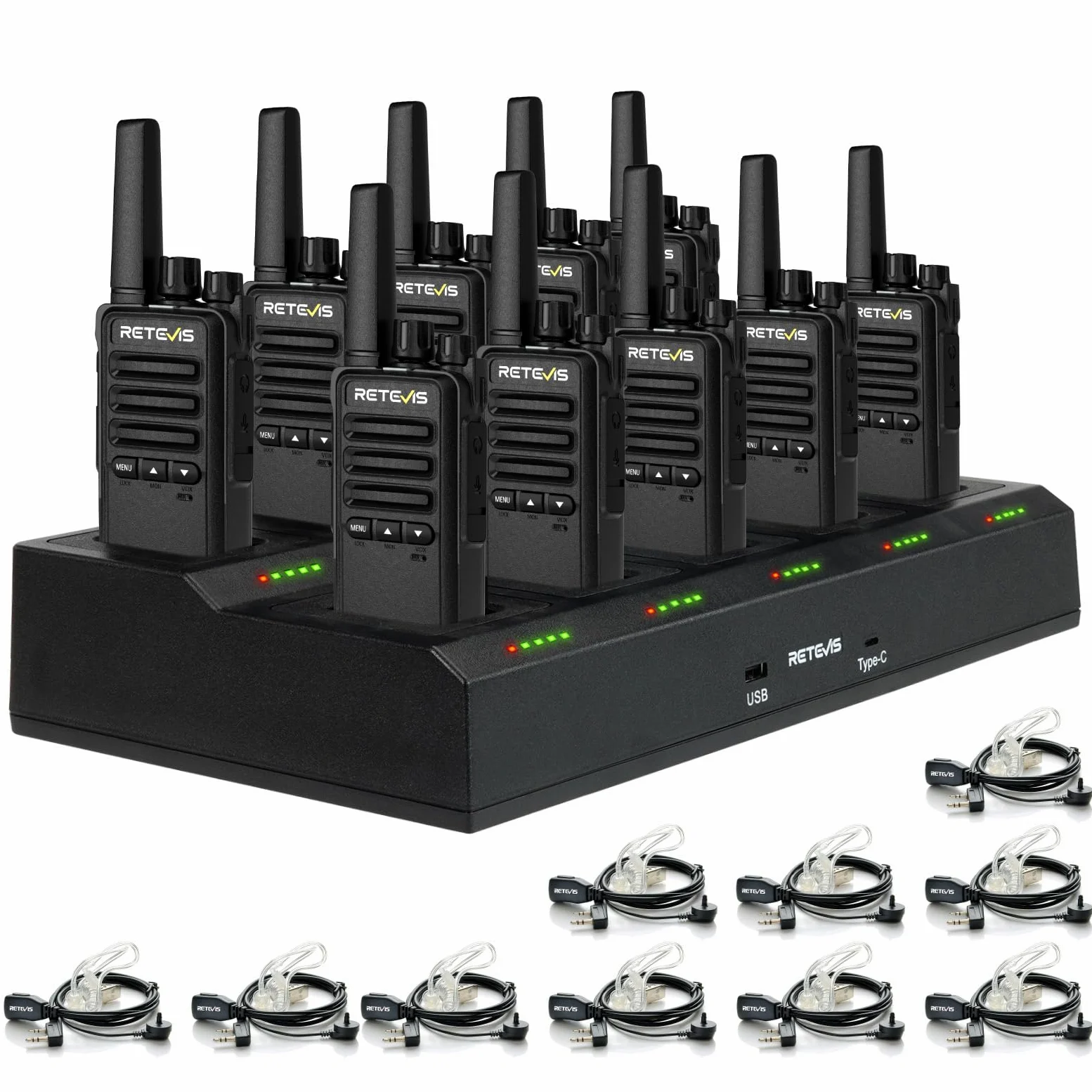 Retevis RT668B Walkie Talkie, PMR446 Funkgerät, USB-C, 16 Kanäle, Wiederaufladbare Funkgeräte Set für Sicherheit, Restaurant, Lager (Mit 10-Wege-Ladegerät)