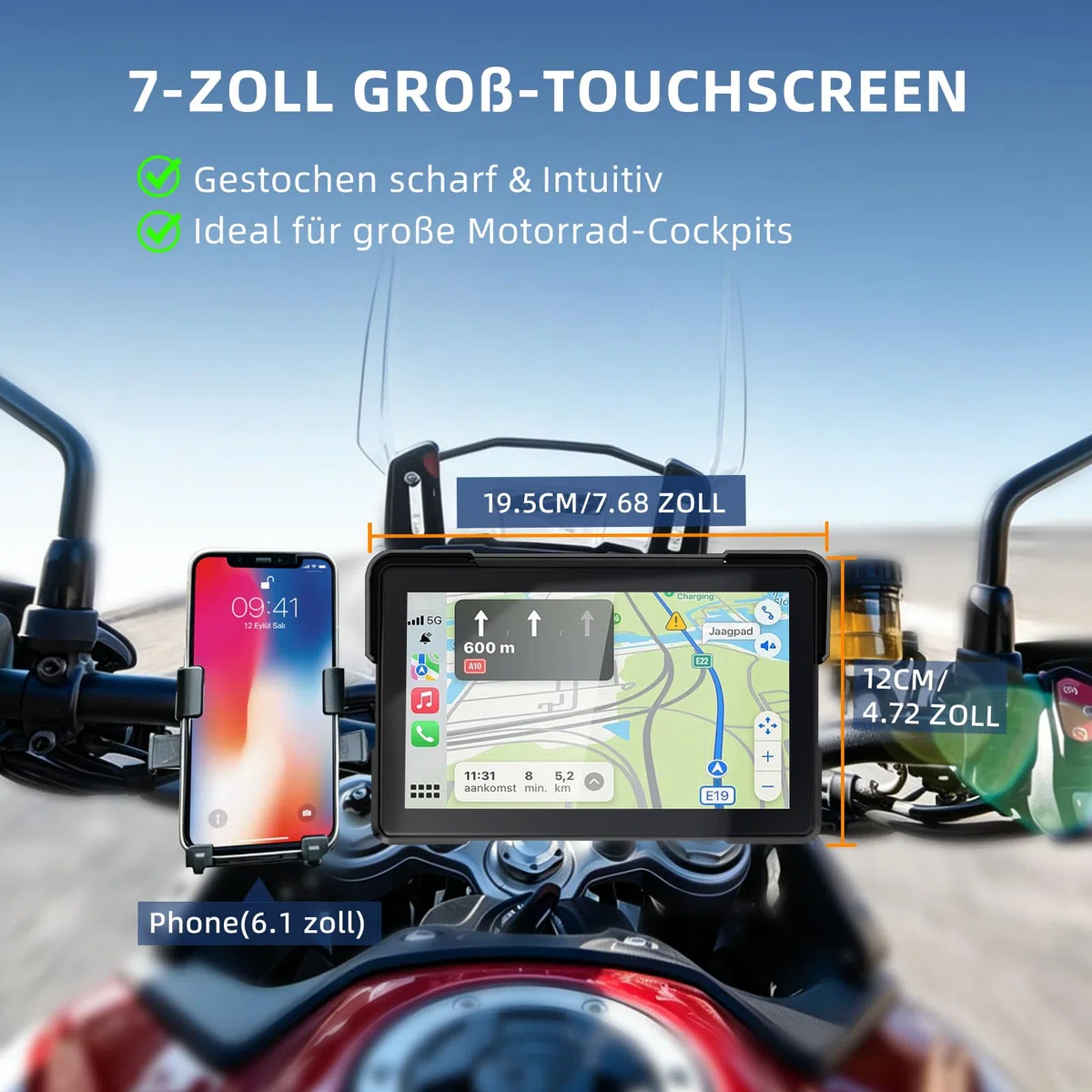 7 Zoll Motorrad Display mit Wireless CarPlay & Android Auto, 1000 Nits Helles Motorrad Navi Touchscreen, IP67 Wasserdicht, Dual-Stromversorgung (Acc/USB), Sprachsteuerung für Navigation & Musik