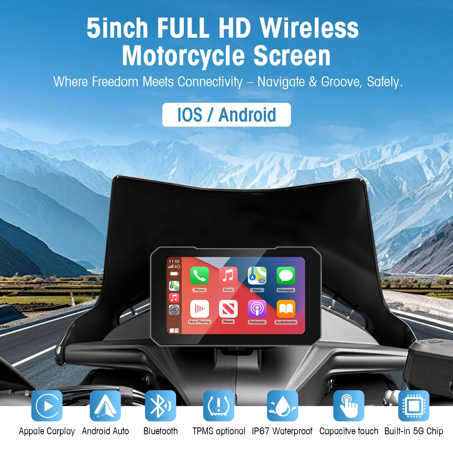 LEXXSON 5 Zoll Motorrad Carplay Display, Wireless Carplay & Android Auto, IP67 wasserdichtes GPS-Navigationsgerät, HD-Touchscreen, schneller Start, Audio- und Videotrennung für Motorräder