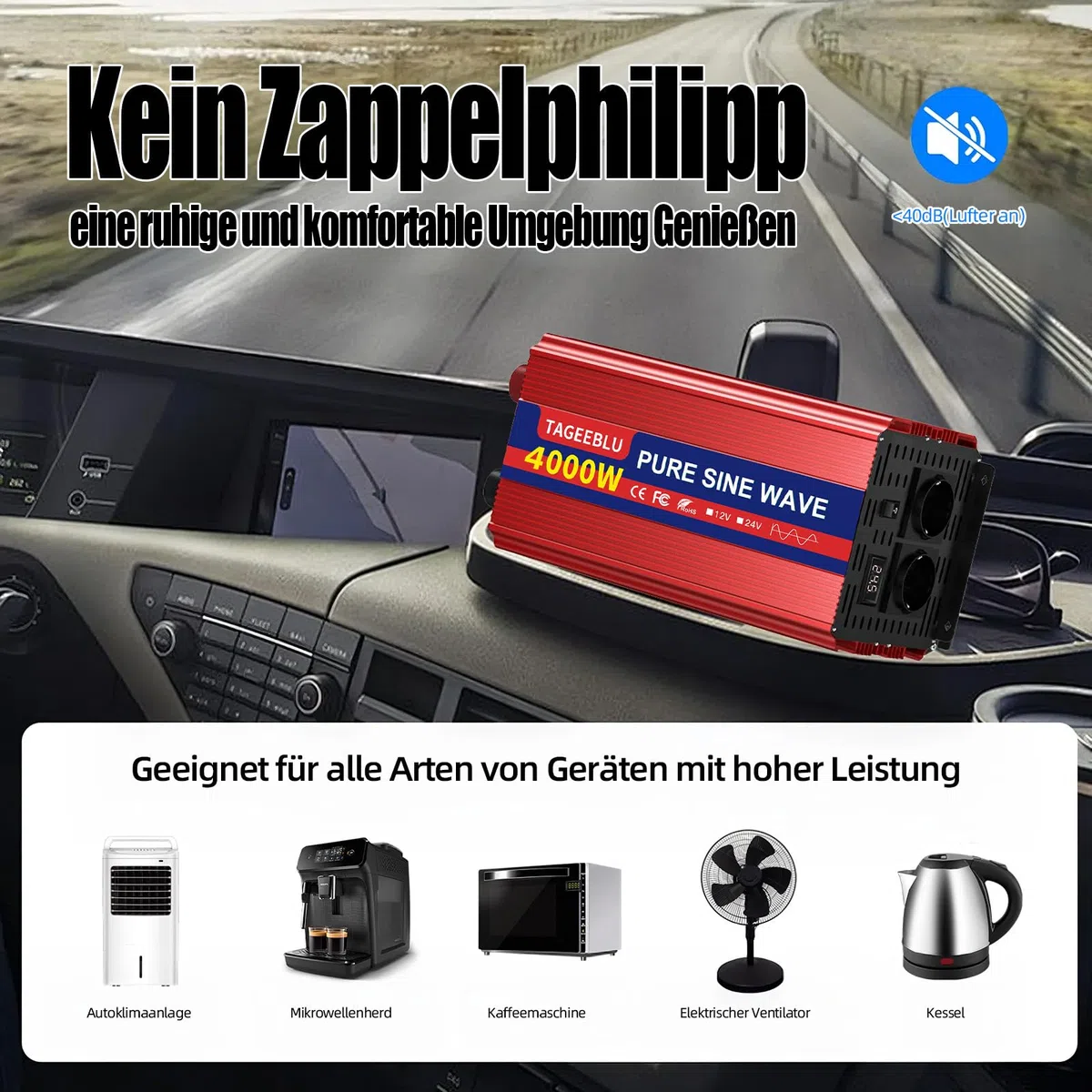 4000W 24V wechselrichter 24V auf 230V Reiner Sinus, spannungswandler 24v 230v, Wechselrichter für Fahrzeuge mit Alligatorclip, 2 EU Steckdose und LCD Bildschirm