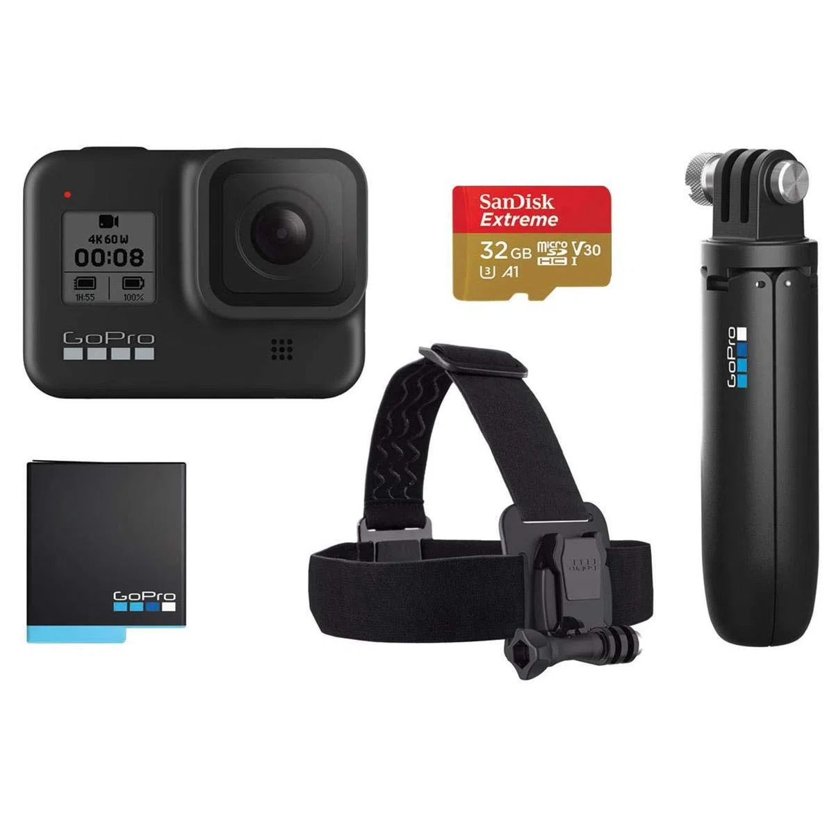 GoPro HERO8 Black Bundle - inklusive Shorty Stativ, Speicherkarte, Kopfbügel und Akku (Holiday Kit)