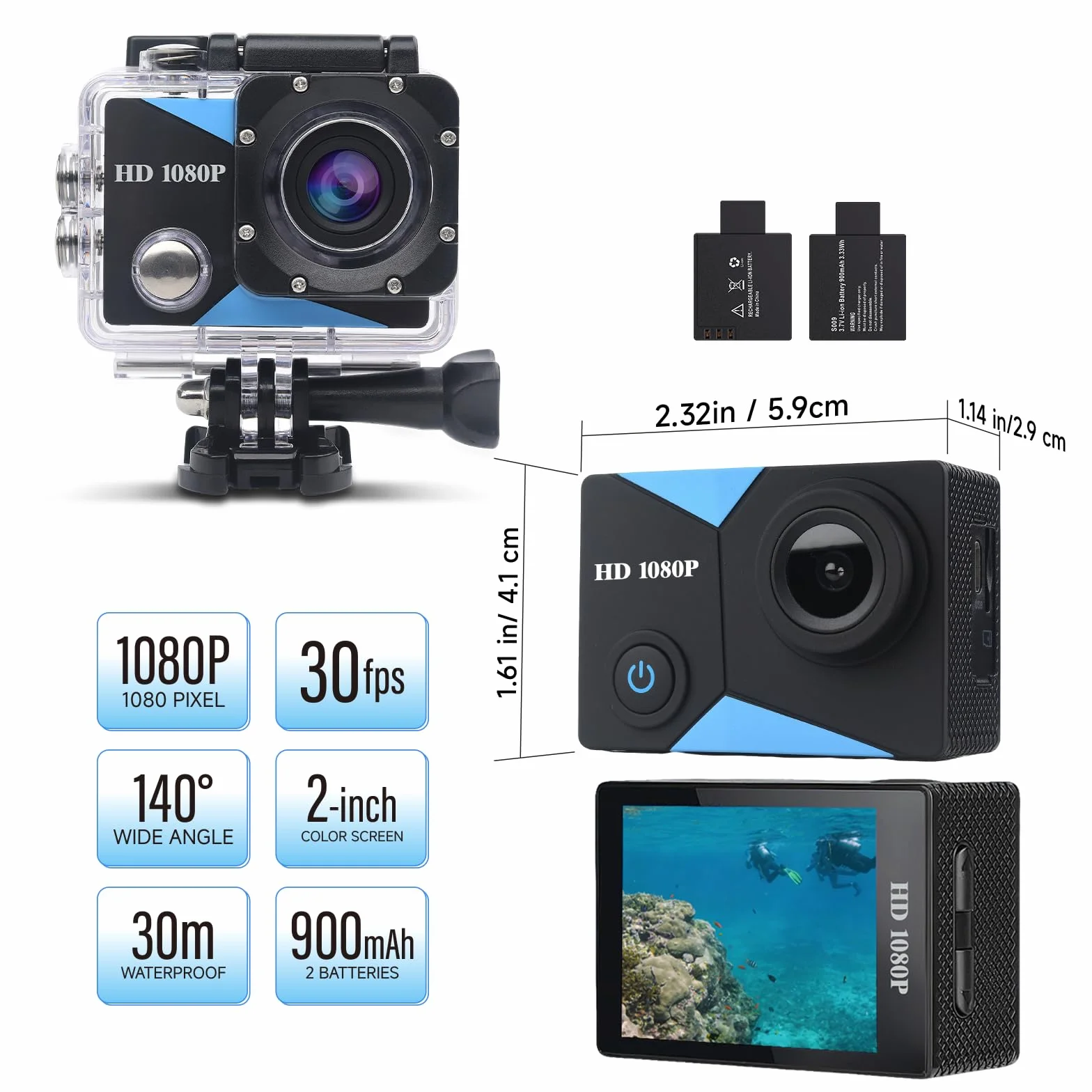 Action Cam FHD 1080P, wasserdichte Unterwasserkamera 98FT/30M, Sports Cam mit 2 wiederaufladbaren Batterien und Zubehör-Set