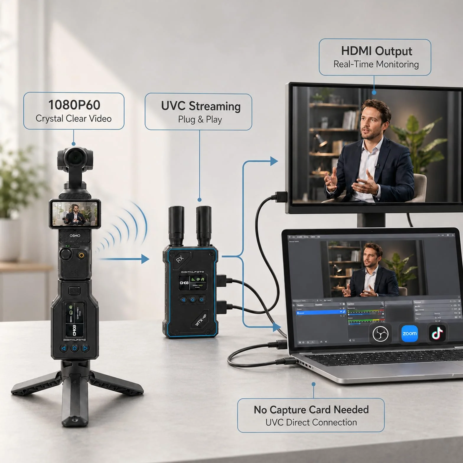 DF DIGITALFOTO WTX-4P Wireless HDMI Transmitter & Receiver für DJI Osmo Pocket 3, 500m Reichweite, 0,05s niedrige Latenz, 1080P60 UVC & HDMI Ausgang, 1TX bis 5RX Video Funkübertragung mit Mini Stati