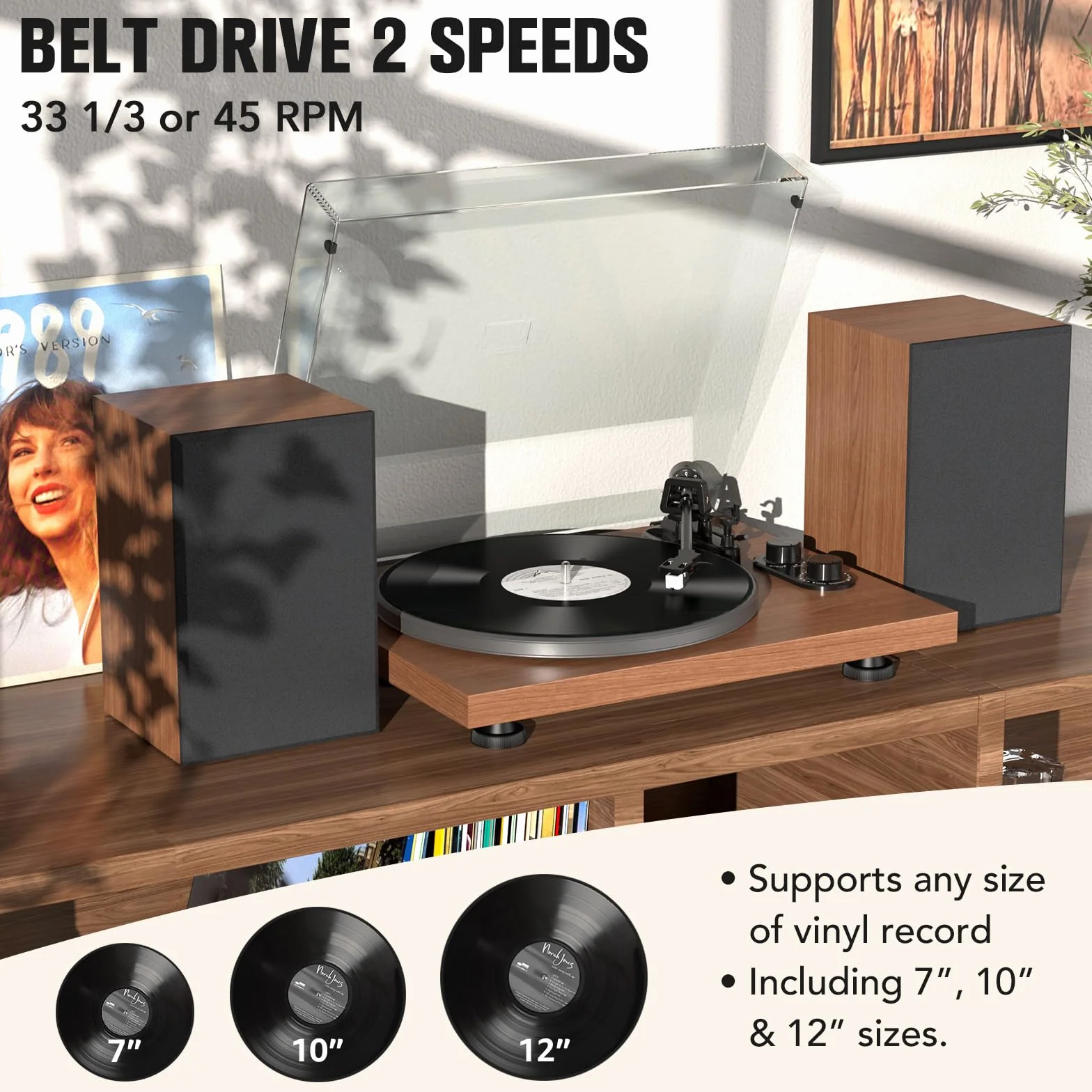 Udreamer Plattenspieler mit Integriertem Vorverstärker, Hi-Fi-System mit 40-W-Regallautsprechern, Bluetooth, Aluminium-Plattenteller, Riemenantrieb mit 2 Geschwindigkeiten, AT-3600L Braun