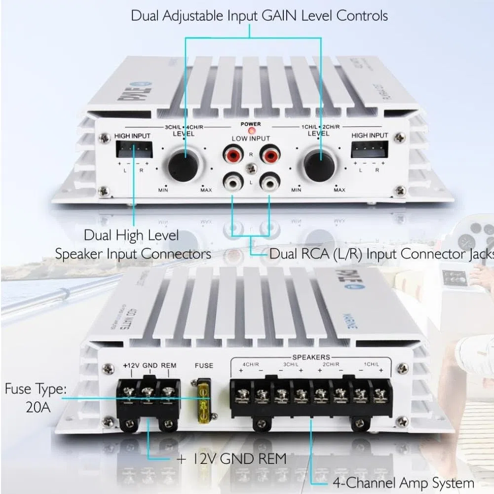 KIT SET FÜR PYLE PLMRA410BT 1 4-Kanal Marine-Verstärker, Klasse AB, 4 x 100 Watt max, wasserdicht, Bluetooth 2.1-Konnektivität, für Schwimmbäder, Boote, Boote, 1 Stück + kostenlose Kabel