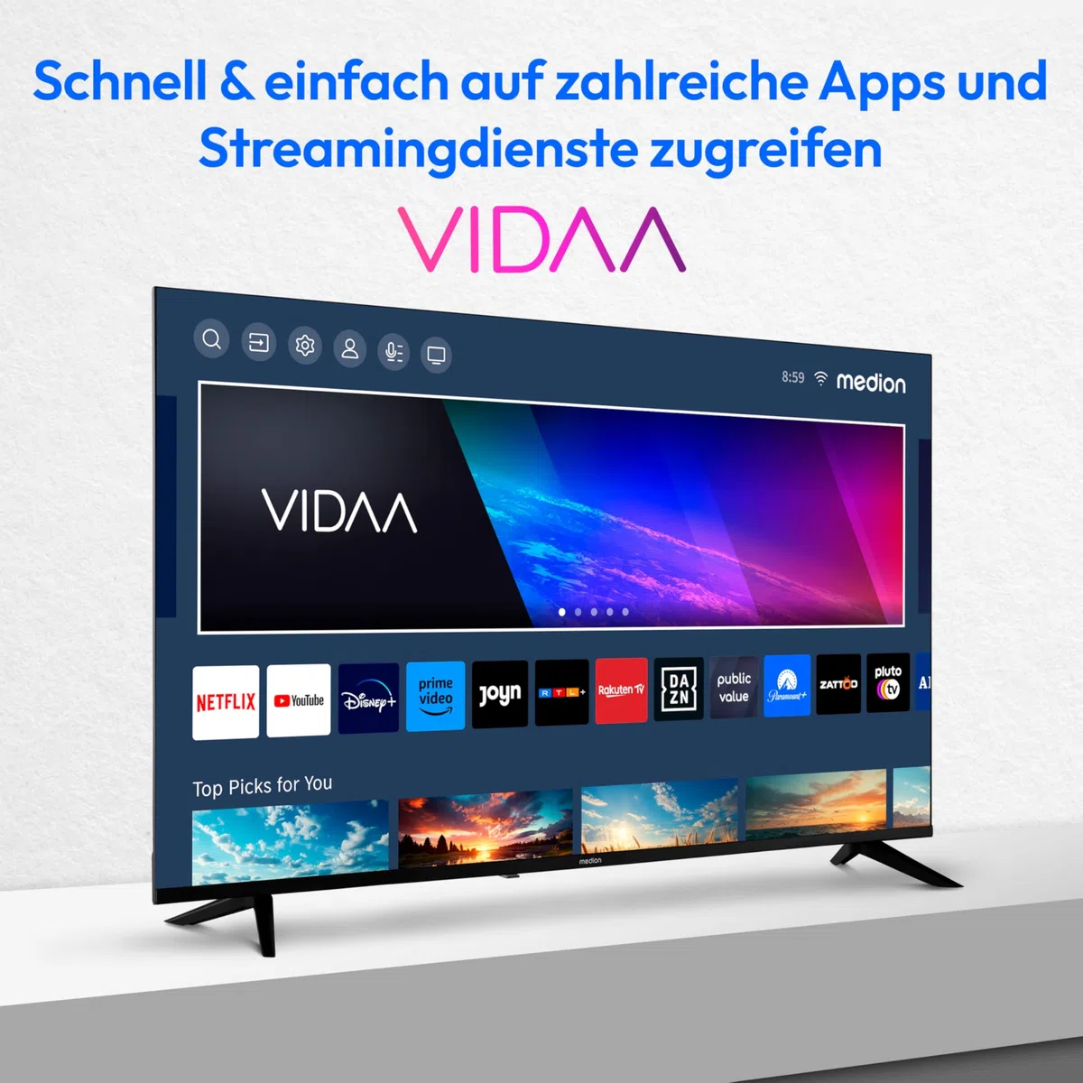 MEDION X15056 125,7 cm (50 Zoll) QLED Fernseher (Smart-TV, 4K Ultra HD, HDR, VIDAA Store, Netflix, Prime Video, Disney+, DAZN, HbbTV, PVR, Bluetooth, MD 33100)