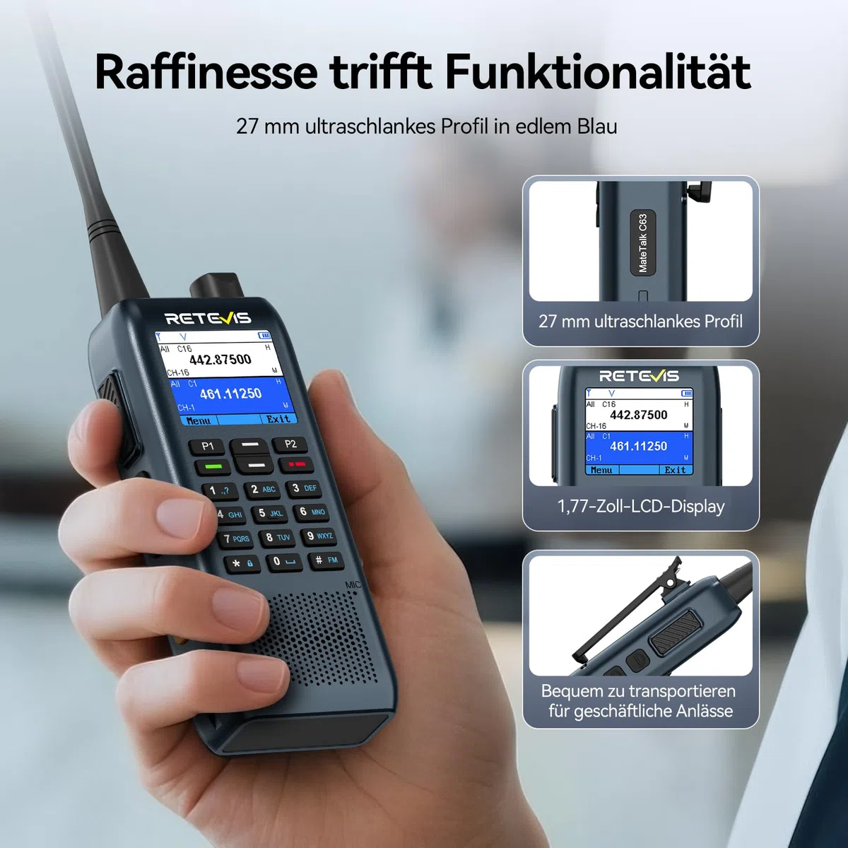 Retevis MateTalk C63 Funkgerät mit Headset, Jobticket-System-Vibrationsalarm/SMS-Funktion, 1,77-Zoll-LCD, 2200 mAh, 3 Anrufmodi, Schlankes Walkie Talkie 4er Set für Einkaufszentren (4er-Pack) | Einkaufszentren, SMS-Funktion, Vibrationsalarm, Gruppenanruf,