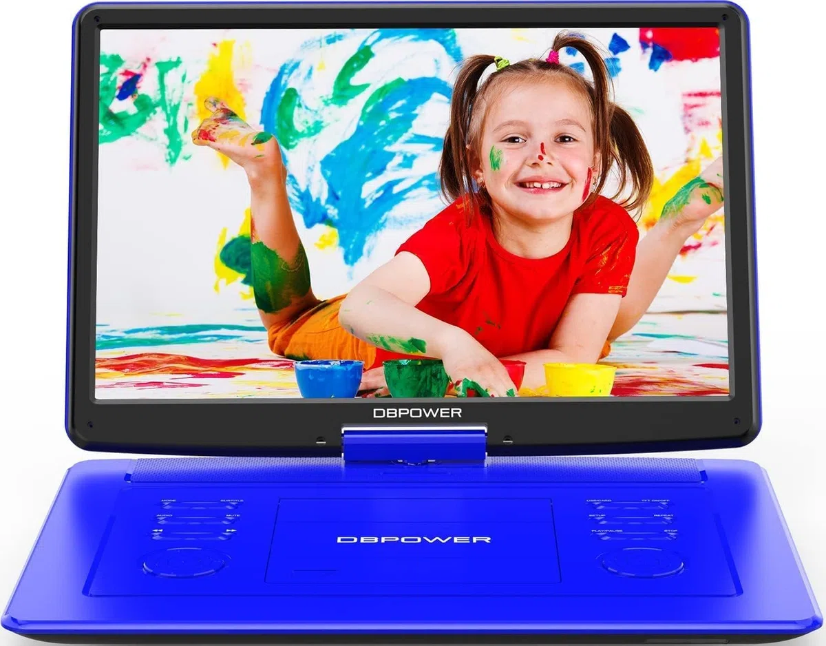 DBPOWER Tragbarer DVD-Player mit 45,5 cm (18 Zoll) großem HD-Schwenkbildschirm, 6 Stunden wiederaufladbarer Akku, unterstützt USB/SD-Karte/SynchronisationstV/mehrere Disc-Formate, Lautsprecher mit