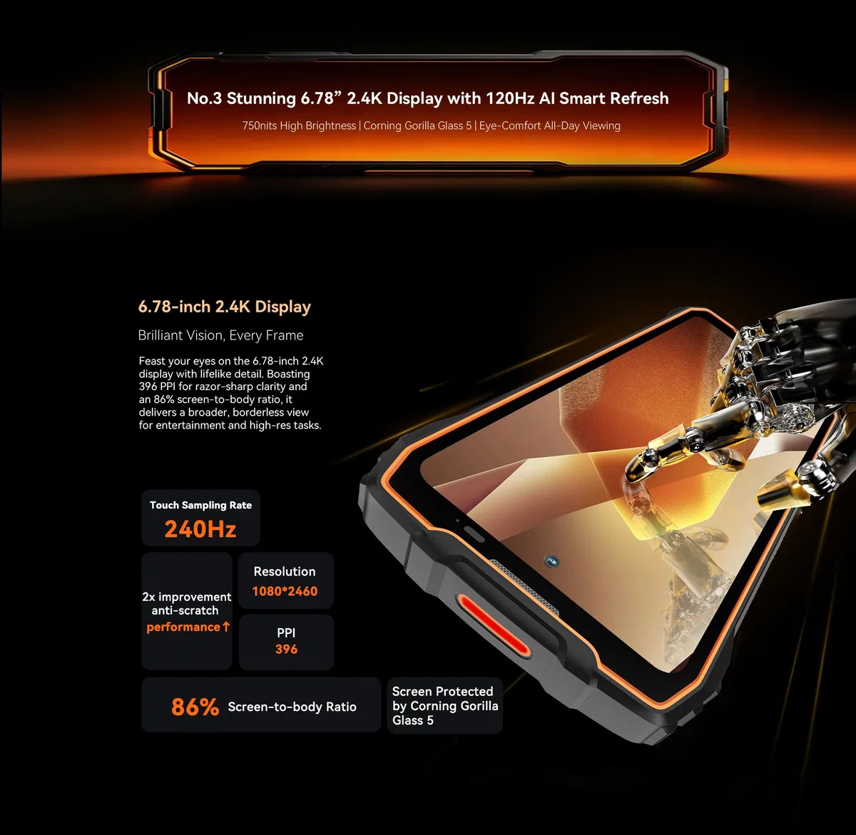 Blackview BL7000 PRO 5G Outdoor Smartphone ohne Vertrag, 32GB+256GB, 50MP AI Kamera, 3 AI-Modelle, 6,78 Zoll 2.4K Display, 7500mAh Akku, IP68 Android 16 Robustes-Handy Dual SIM NFC GPS, Orange