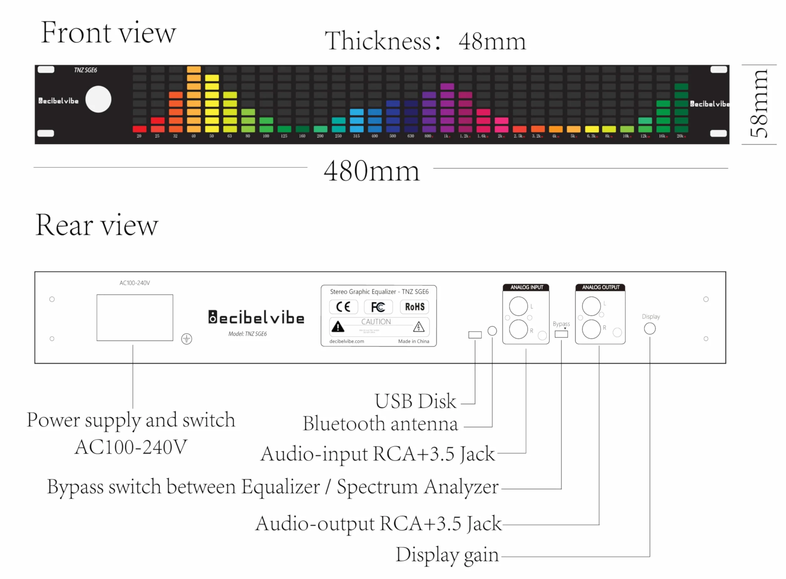 Decibelvibe TNZ SGE6 – Audio-Grafik-Equalizer mit Eingang / Ausgang RCA-Klinke 3,5, kabelloser Eingang über ein integriertes Mikrofon, USB- und Bluetooth-Eingang, Audio-Vorverstärker für
