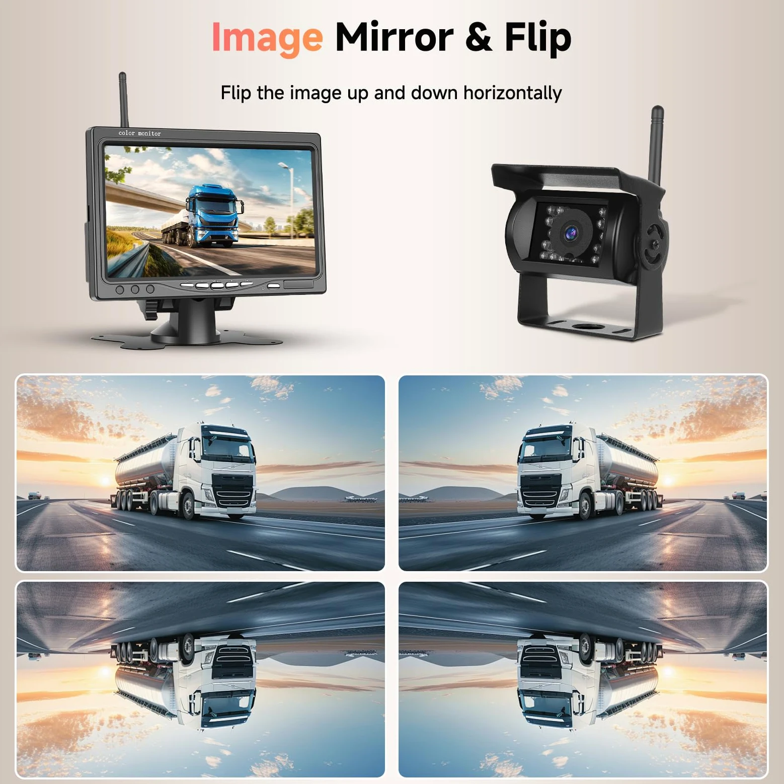 Kabelloses Rückfahrkamera Set HD 1080P, Podofo 7-Zoll Monitor mit Kabelloser Rückfahrkamera für Anhänger, Wohnmobil, LKW, Auto, Bus, IP68 wasserdicht, Nachtsicht, BSD, 12V-36V