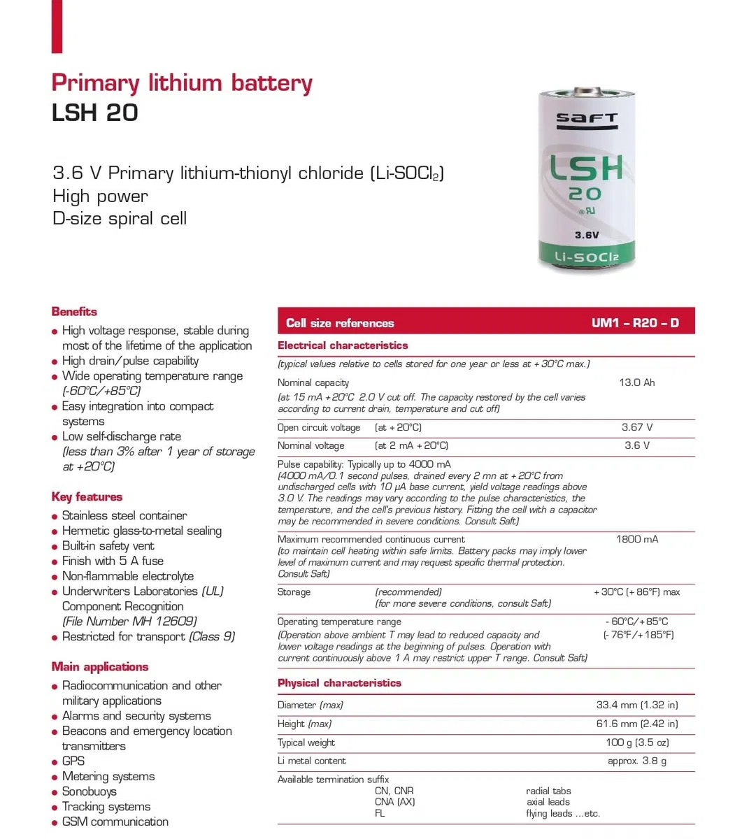 Saft LSH20 Lithium-Batterie, 3,6 V, 13 Ah, Typ D, Li-SOCl₂, hohe Leistung, Pulse bis 4 A, extremer thermischer Bereich, für Telematik, Sicherheit und industrielle Messung (5 Stück)