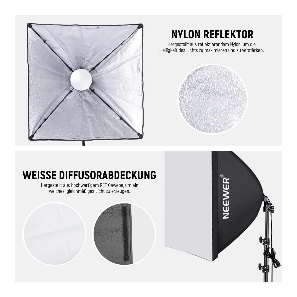 NEEWER Softbox Beleuchtungsset, äquivalent zu 700W, 2er Pack 5700K LEDGlühbirnen, 24 x 24Zoll Softboxen mit E27 Fassung, Fotografie Dauerlichtset, Fotostudio Ausrüstung
