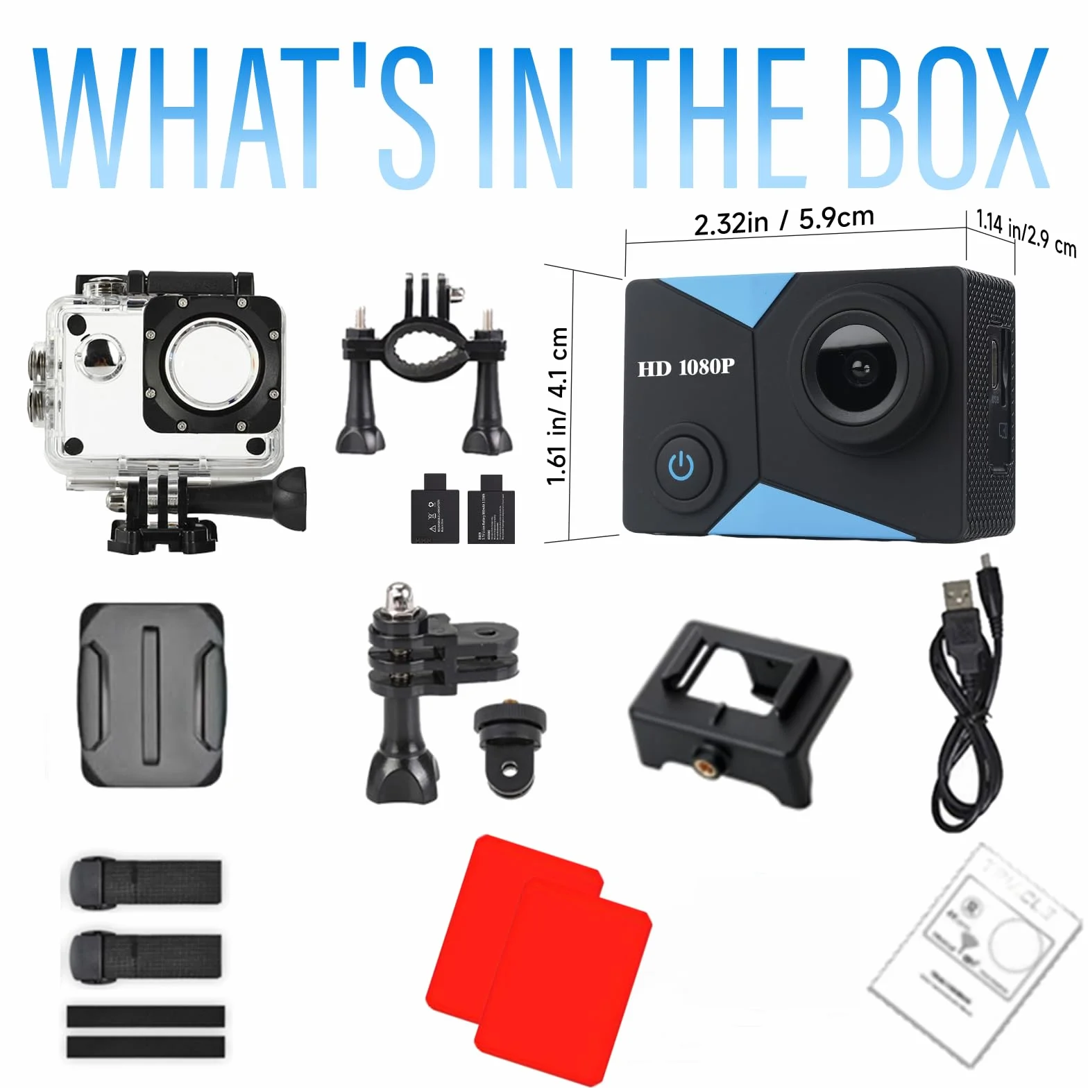 Action Cam FHD 1080P, wasserdichte Unterwasserkamera 98FT/30M, Sports Cam mit 2 wiederaufladbaren Batterien und Zubehör-Set