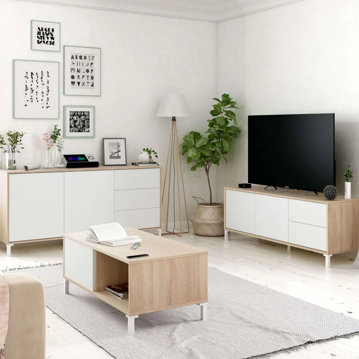Habitdesign Brooklyn TV-Möbel, Wohnzimmer, Esszimmer, Melamin, idealer Organizer für moderne Räume, kanadische Eiche und Artik-Weiß, 130 cm