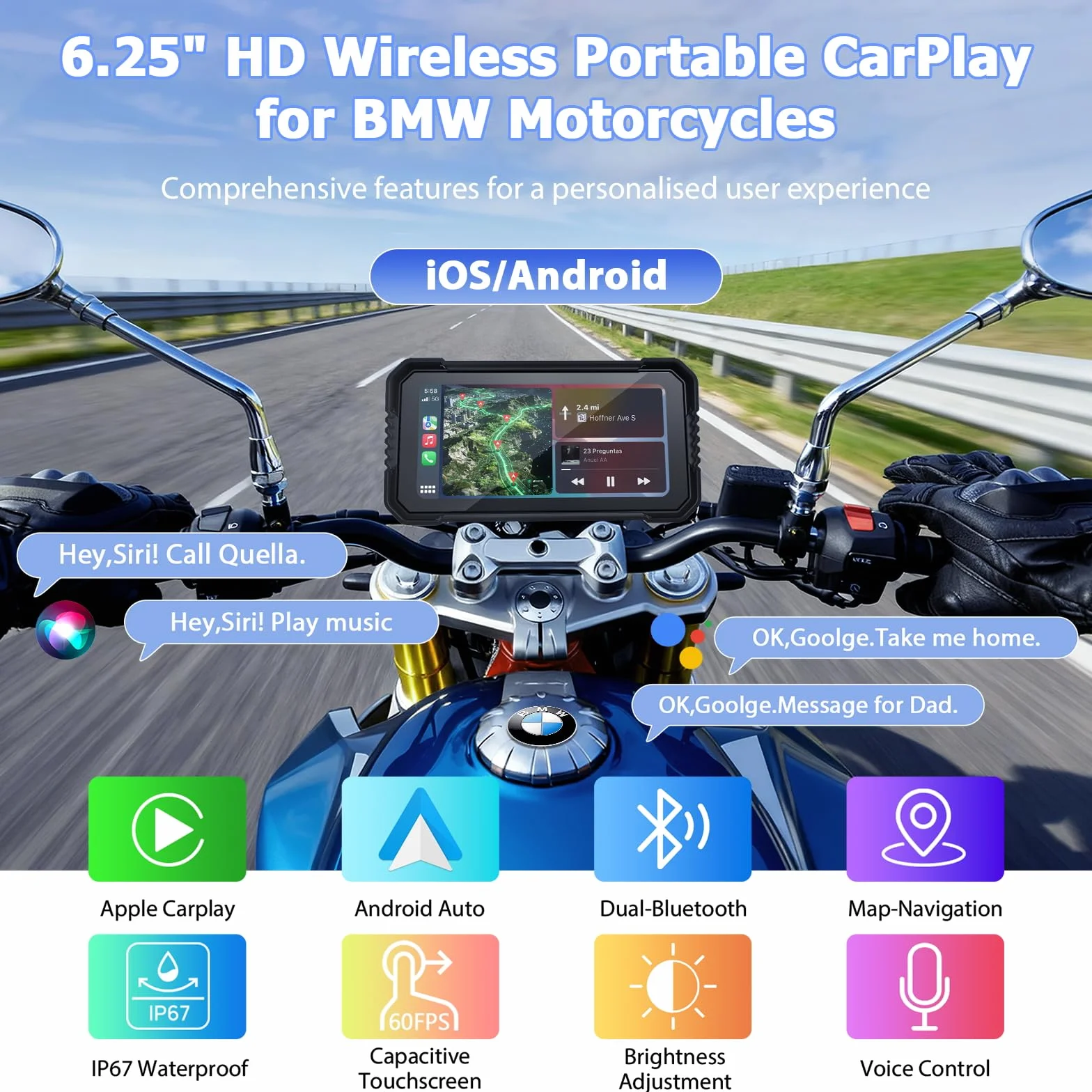 BMW Motorrad Carplay Display Wireless Carplay Android Auto Motorad CarPlay mit 6,25-Zoll Touchscreen IP67 Wasserdicht Motorrad Car Play Bildschirm mit Dual-Bluetooth Navi Sprachsteuerung Mirror Link
