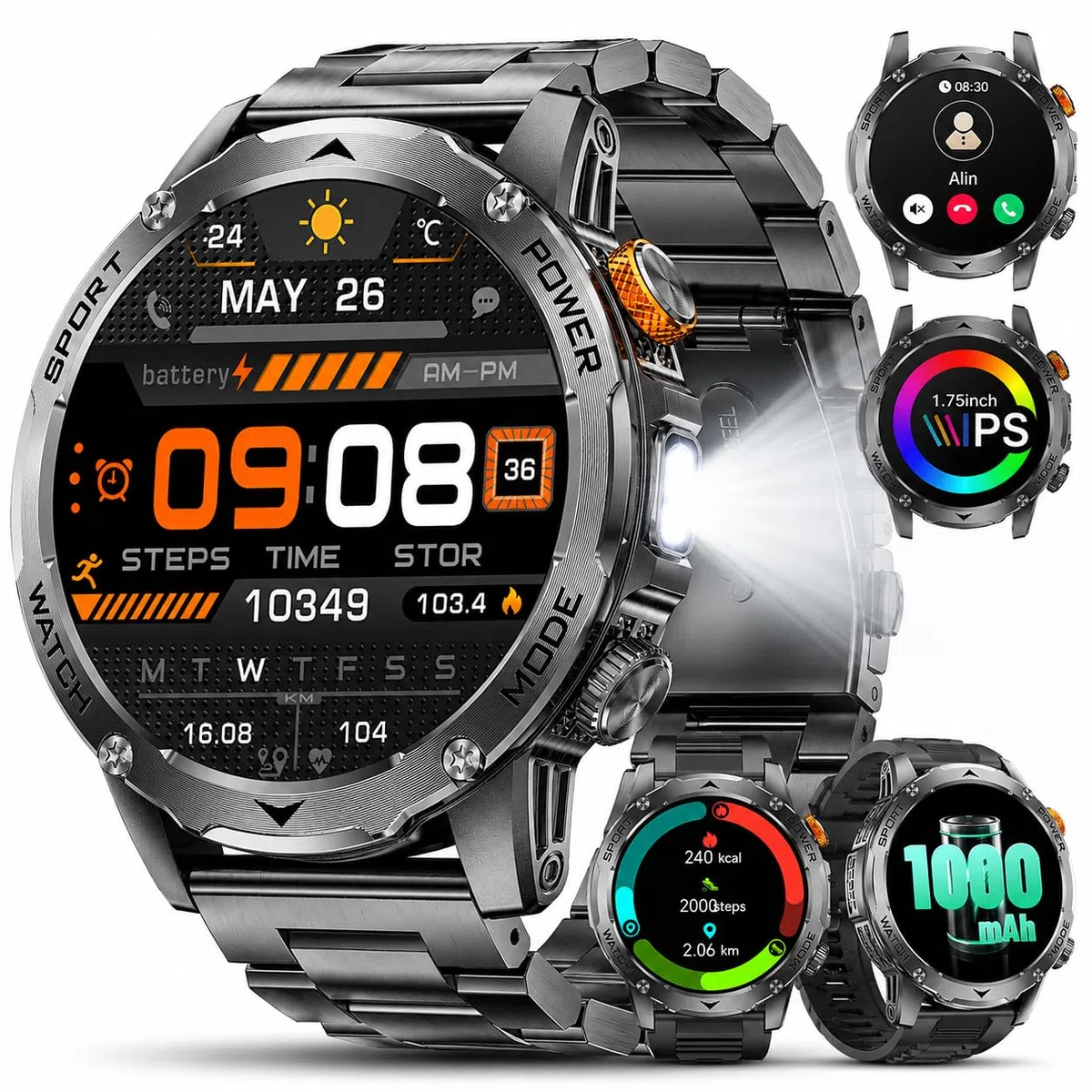 Militär Smartwatch Herren - 1000 mAh/1,75" HD Großes Touchscreen/LED-Licht, 5ATM wasserdicht Fitnessuhr mit 120+ Sportmodi, Herz-/Schlaftracking,3 Armbändern,Sportuhr iOS/Android Schwarz