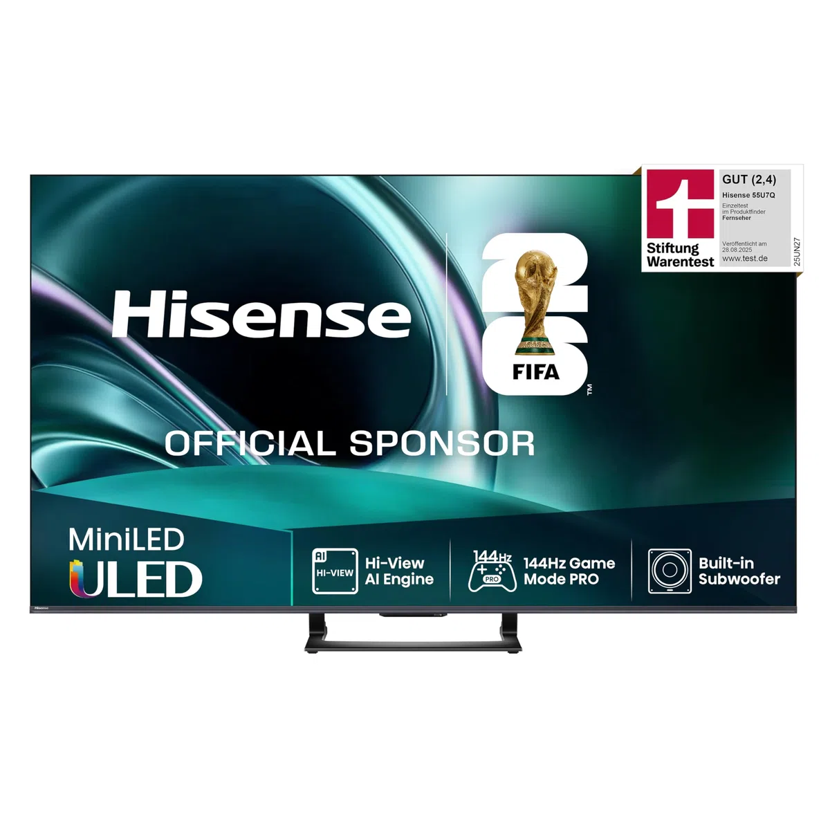 Hisense 55U7Q Fernseher 55 Zoll, 4K Mini LED ULED, Smart TV, Hi-View AI Engine, 144Hz Game Mode Pro, FreeSync Premium, Built in Subwoofer, Dolby Vision IQ Atmos, Airplay, Sprachsteuerung[2025]