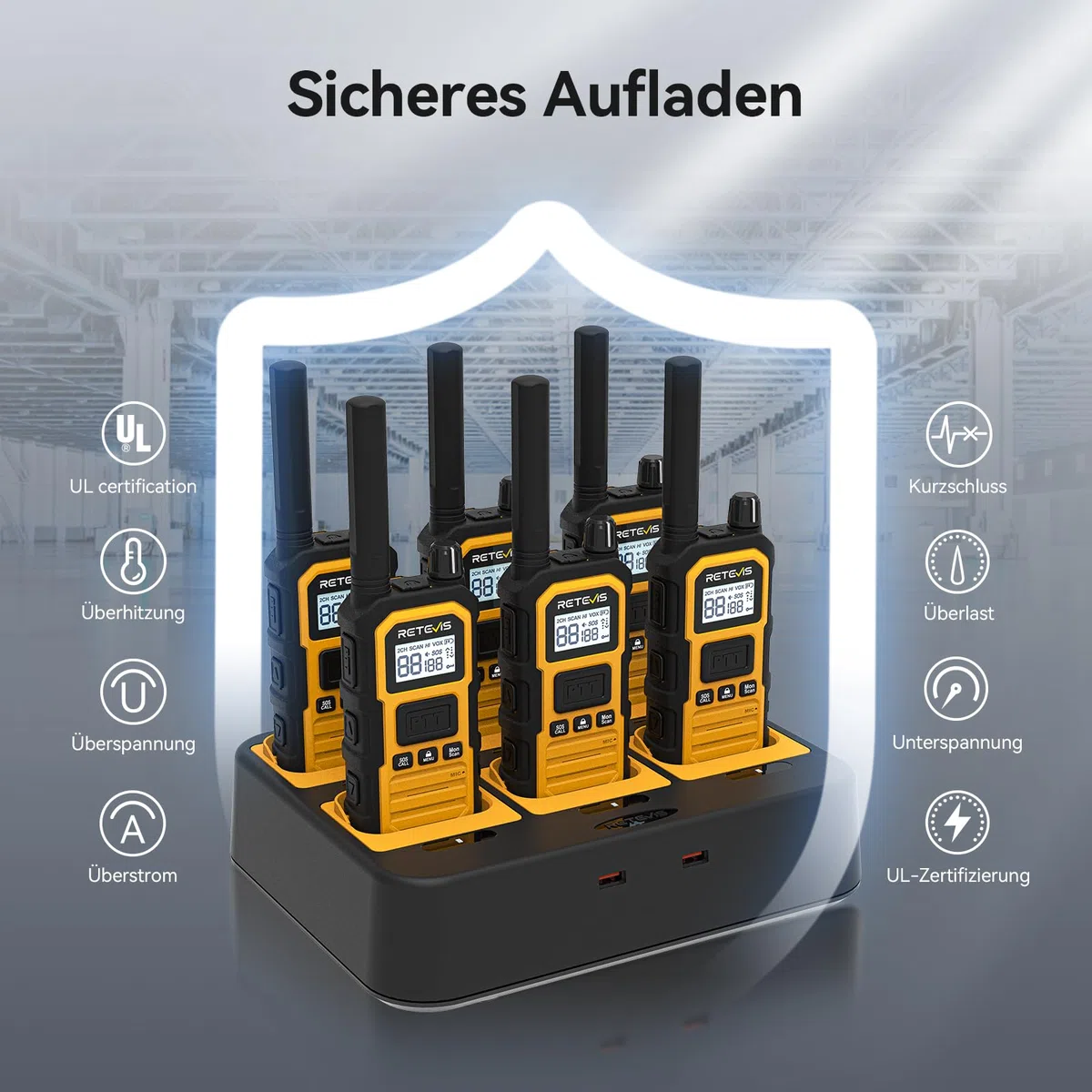 Retevis RB648Plus Walkie Talkies, wasserdichte Funkgeräte Set Industrielle | Handfunkgeräte mit 6-Wege-Ladegerät, 2000mAh, Typ-C,VOX, Vibrationserinnerung für Industrielle(6 Stück, Gelb)