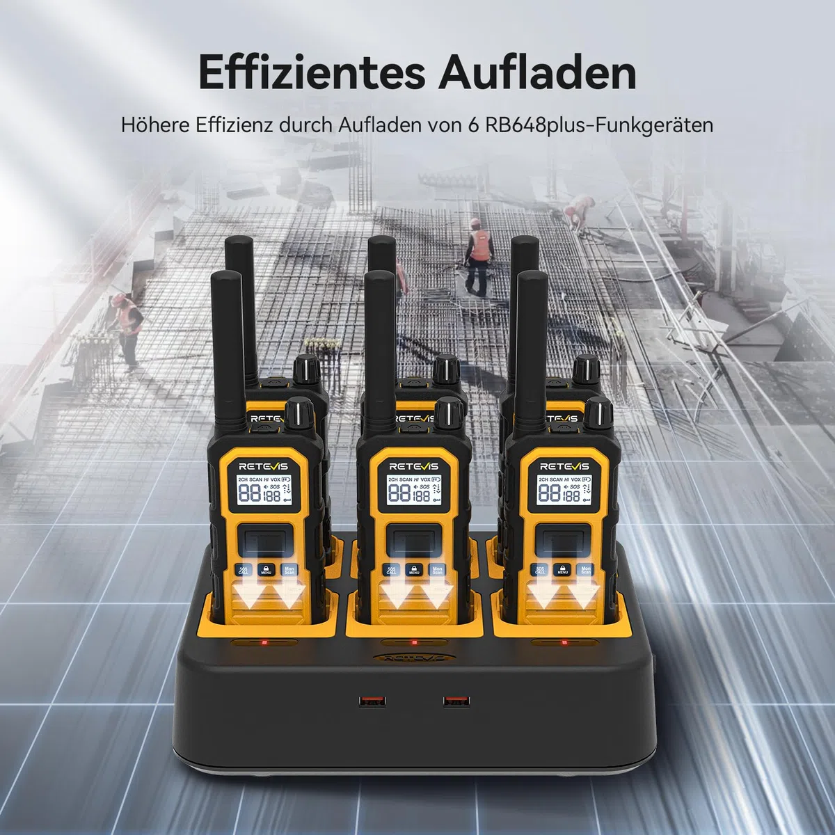 Retevis RB648Plus Walkie Talkies, wasserdichte Funkgeräte Set Industrielle | Handfunkgeräte mit 6-Wege-Ladegerät, 2000mAh, Typ-C,VOX, Vibrationserinnerung für Industrielle(6 Stück, Gelb)