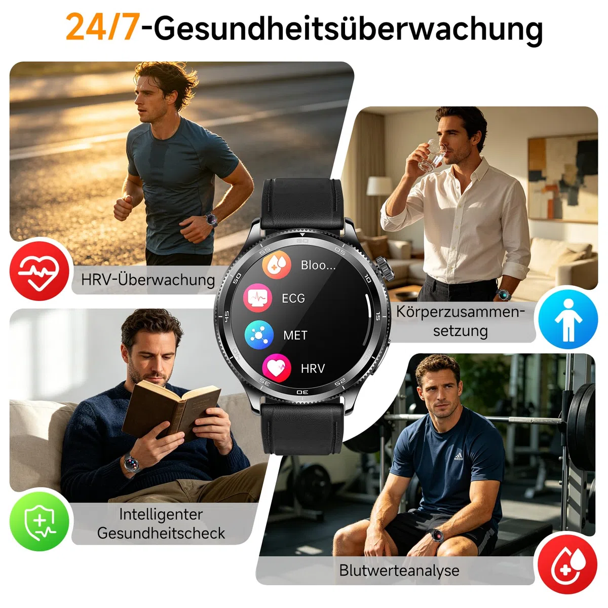 Smartwatch Herren Damen, 1.43" Smart Watch Rund mit Telefonfunktion | 1.43" Gesundheitsuhr mit 24H Pulsuhr SpO2 Harnsäure, SOS-Notruf, 150+ Sportmodi Fitnessuhr für iOS/Android, Schwarzes Leder
