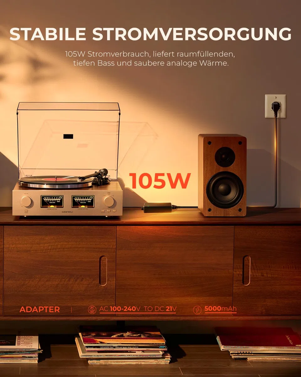 Qlearsoul HiFire X Plattenspieler mit Lautsprechern, Audiophiles HiFi-Turntable-System mit 100W-Regallautsprechern, VU-Meter, DSP-Vorverstärker, 33/45 RPM, RCA LINE IN/Out