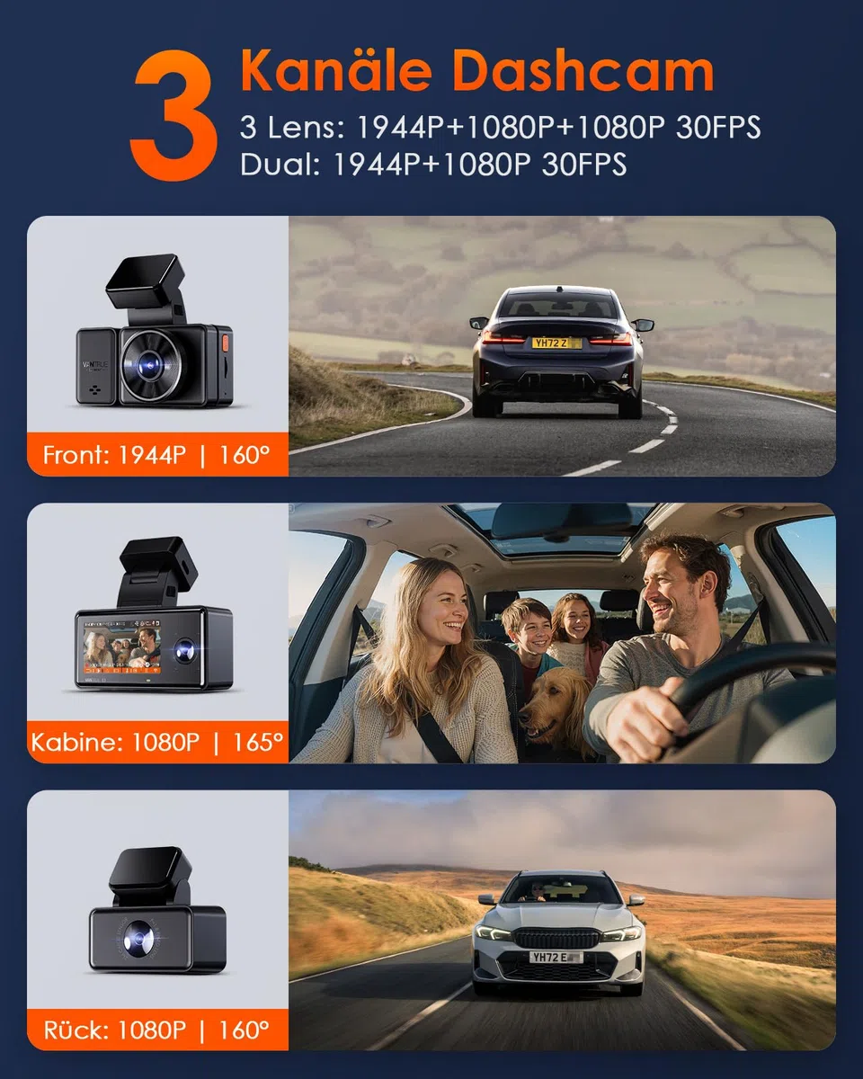 VANTRUE E3 3 Lens 2.7K Dashcam mit 5GHz WiFi, 1944P+1080P+1080P Dash Cam, Sprachsteuerung Dashcam Auto Vorne Hinten, IR Nachtsicht, 24Std. Puffer Parkmodus Dashcams, Loopaufnahme, Max 512G