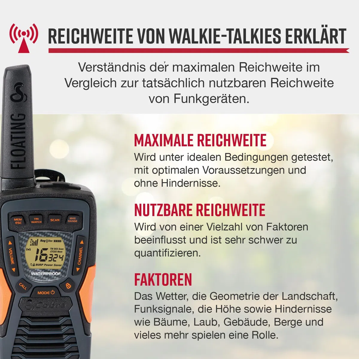 Cobra AM1055 Schwimmfähige und wasserdichte Walkie-Talkies (2er-Pack) – 12 km Reichweite, 16 Kanäle und 121 Codes zur Privatsphäre, VibrAlert, Wiederaufladbare Zwei-Wege-Funkgeräte, Schwarz