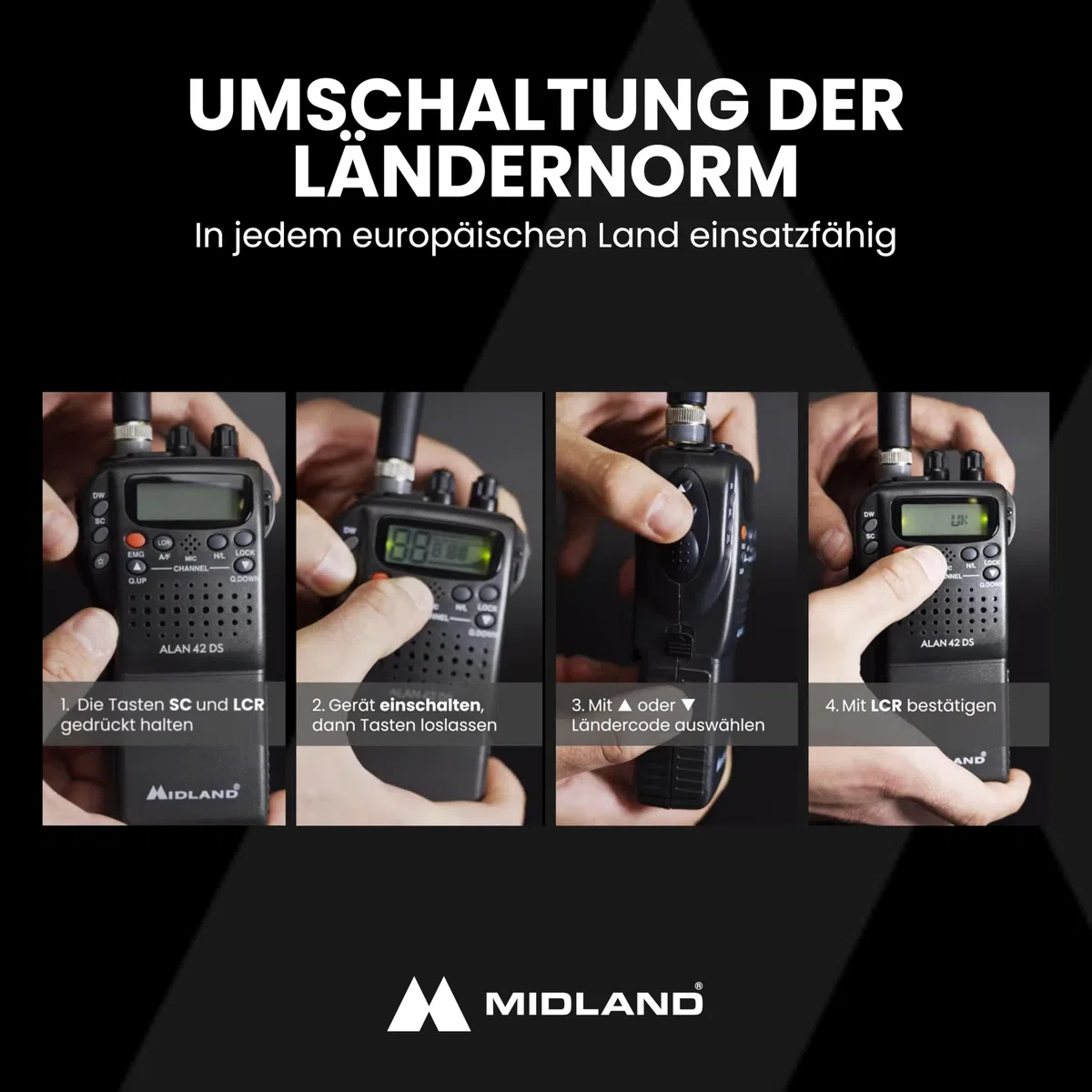 Midland Alan 42 DS CB-Handfunkgerät mit Multiband AM/FM, tragbares CB-Funkgerät mit Zubehör & digitaler Rauschsperre, für alle EU-Länder, schwarz