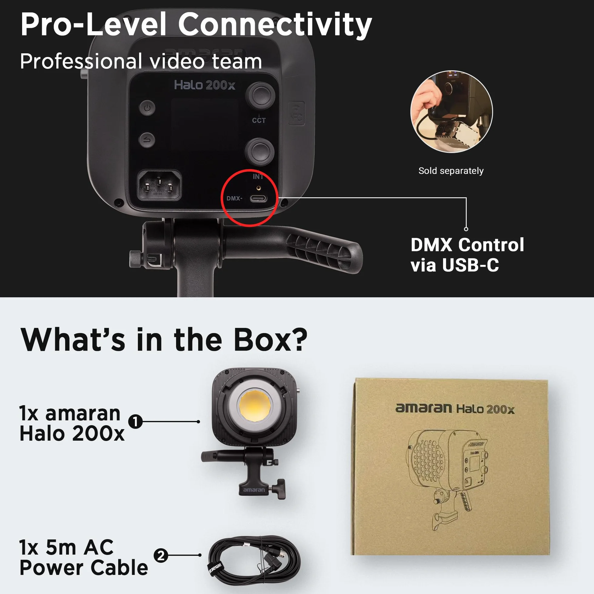 Amaran Halo 200x zweifarbige COB-LED-Videoleuchte 200W, 2700K–6500K, NFC-, App- & DMX-Steuerung, Bowens-Halterung für Studio, Fotografie, Video & Livestream
