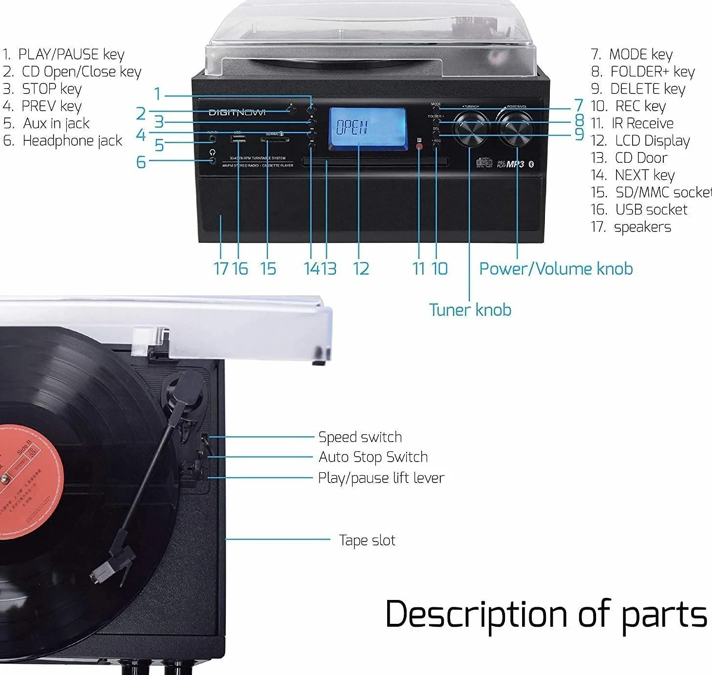 DIGITNOW! Bluetooth Viny Plattenspieler Plattenspieler für CD, Kassette, AM/FM Radio und Aux In, USB-Anschluss und SD-Codierung, Fernbedienung, mit eigenständigen Stereo-Lautsprechern