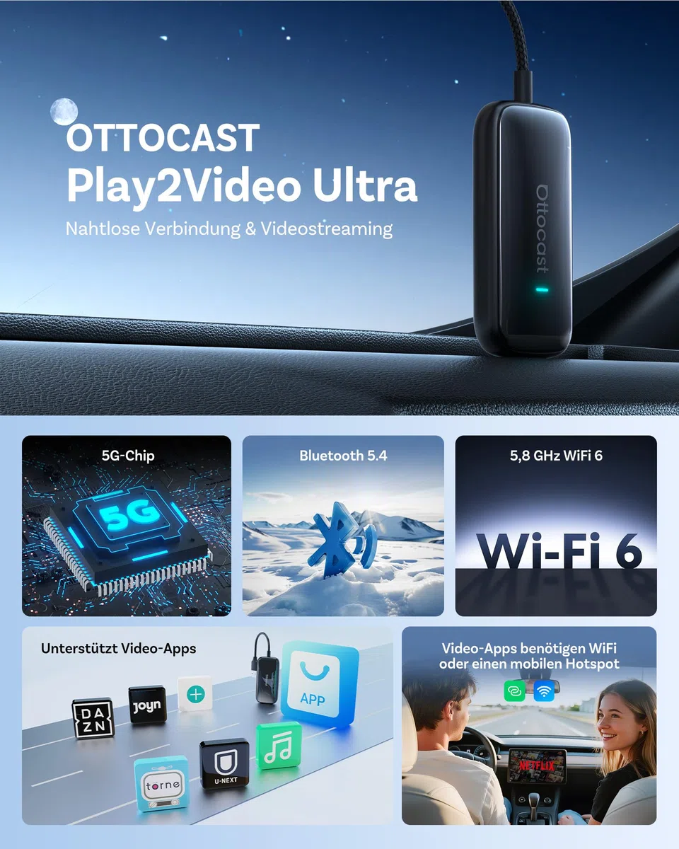OTTOCAST Play2Video Ultra, Kabelloser CarPlay Adapter & Android Auto AI Box mit Netflix YouTube WiFi 6 5G Bluetooth 5.4 CarPlay Netflix Adapter für die meisten Fahrzeuge ab 2016
