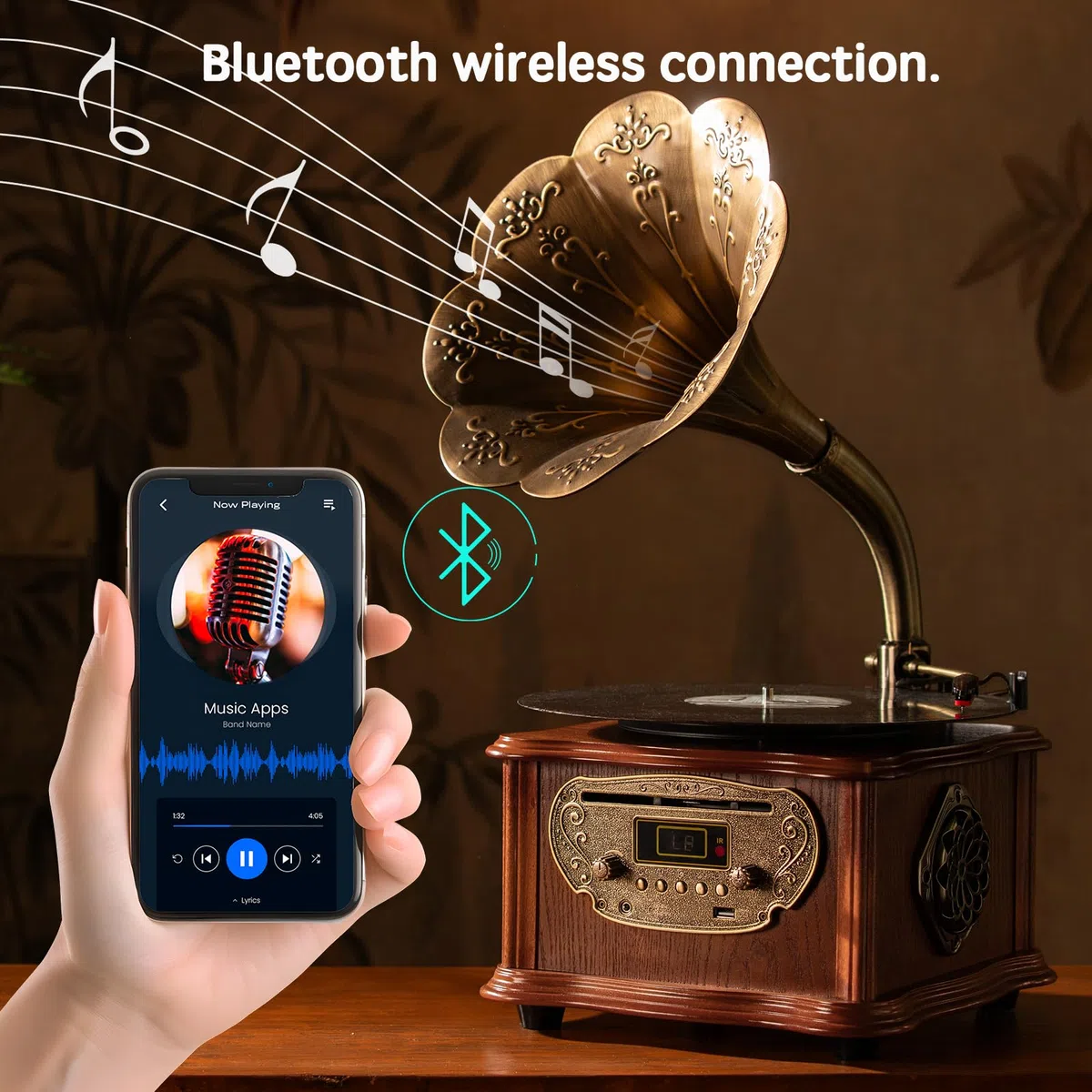 Holz Retro Plattenspieler mit Bluetooth, Grammophon und CD-Wiedergabe, Radio & Fernbedienung