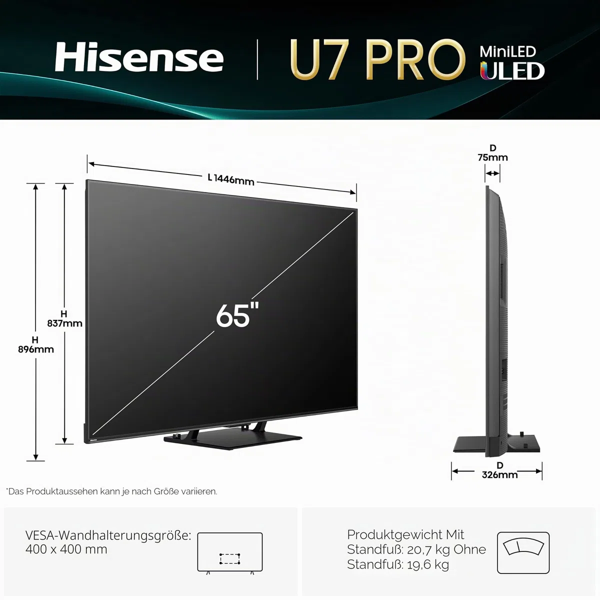 Hisense 65U7Q Pro Fernseher 65 Zoll, 4K Mini LED, Smart TV, Hi-View AI Engine Pro, 165Hz Game Mode Ultra, FreeSync Premium Pro, 2.1.2 ch. Surround Sound, Dolby Vision IQ Atmos, Sprachsteuerung [2025]