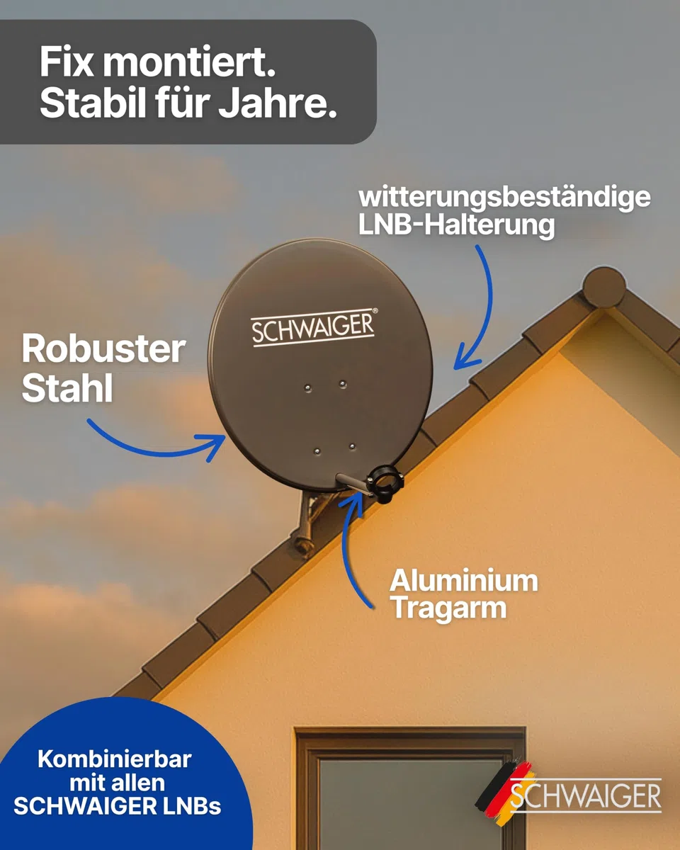 SCHWAIGER Satellitenschüssel Komplettset - Ø 60 cm Stahl Offset Antenne in Anthrazit - Inkl. sonnengeschütztes Twin LNB - Digital HD & 4K Empfang - Hitzebeständig & wetterfest