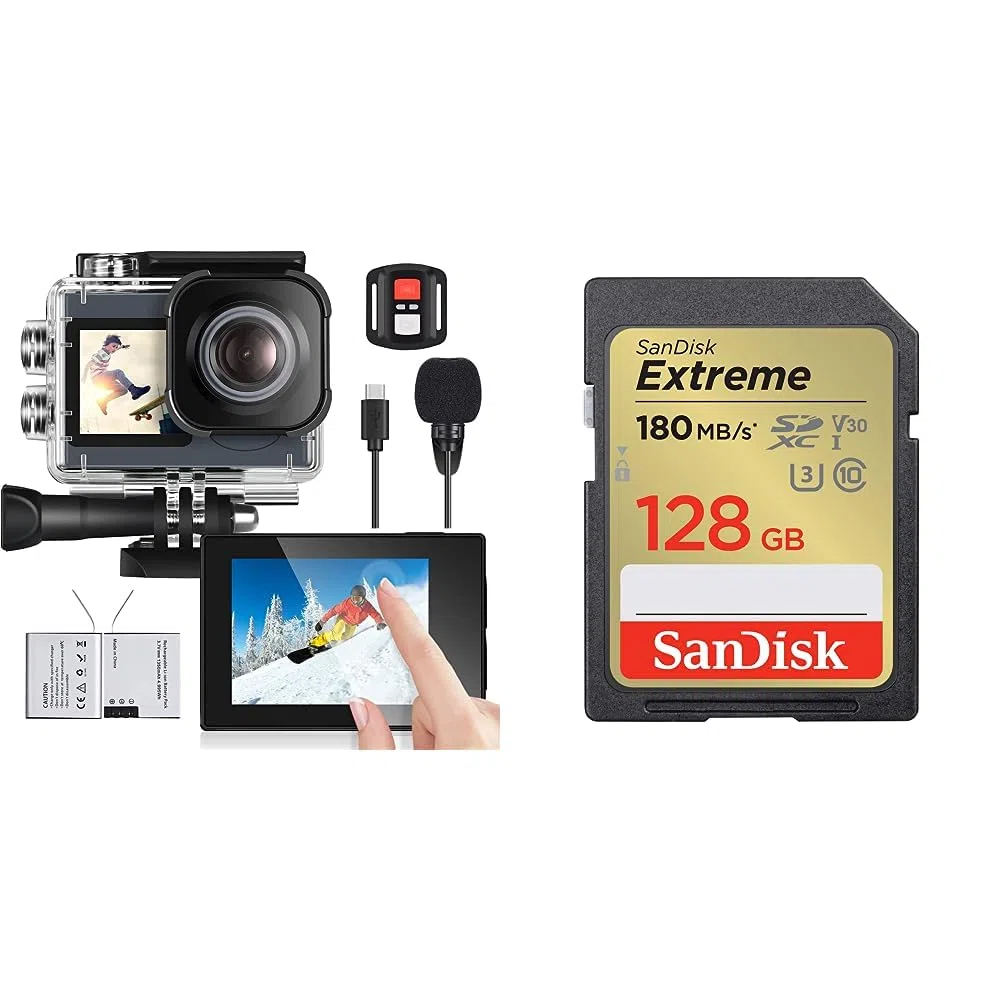 icefox Action Cam 4K Ultra HD 20MP Kamera Unterwasserkamera & SanDisk Extreme SDXC UHS-I Speicherkarte 128 GB