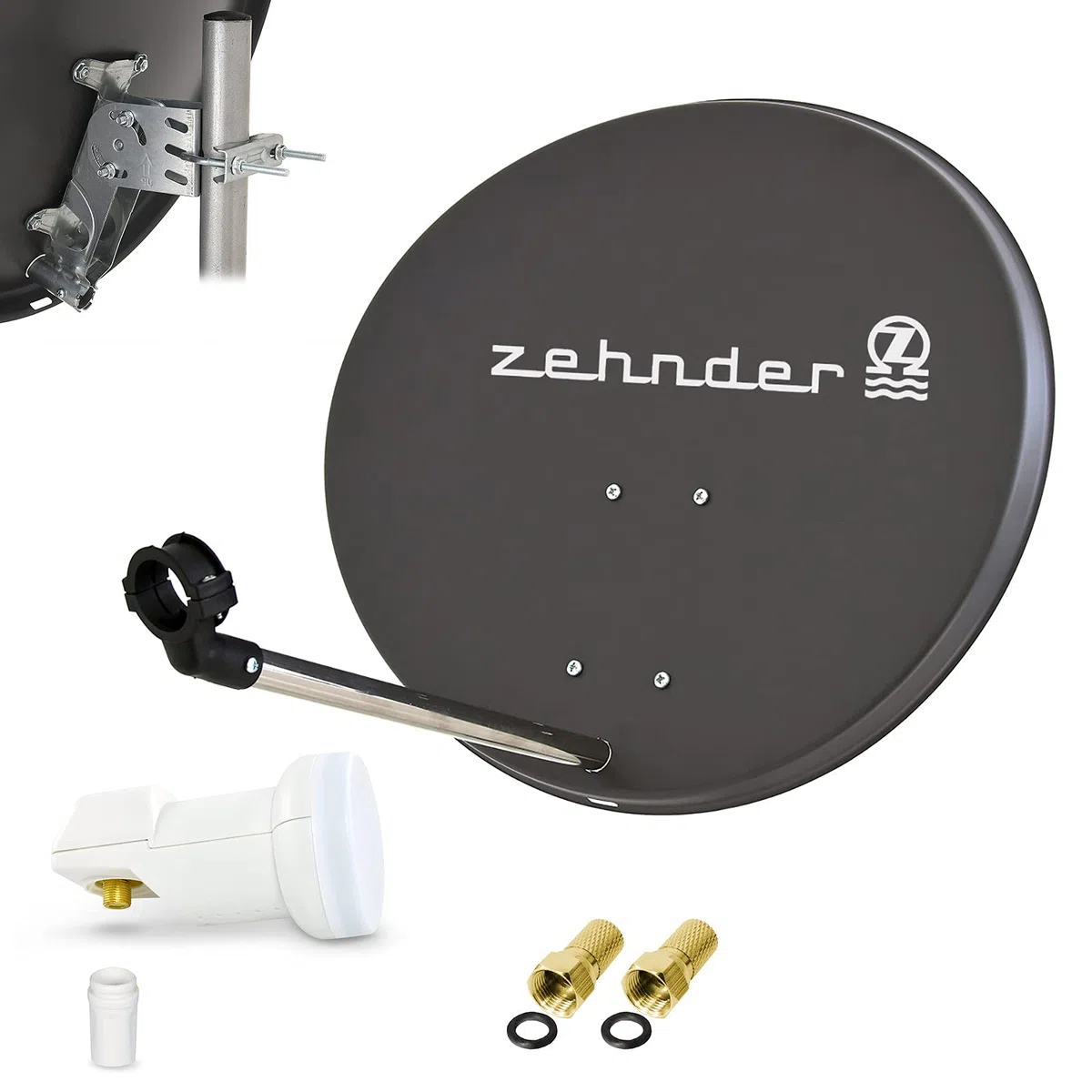 Zehnder 60cm Spiegel Schüssel Stahl + LogiSat Single LNB | 1 Teilnehmer HD Digital SAT Anlage Set anthrazit | DVB-S/S2 Full HDTV 3D 4K Ultra HD UHD Empfang