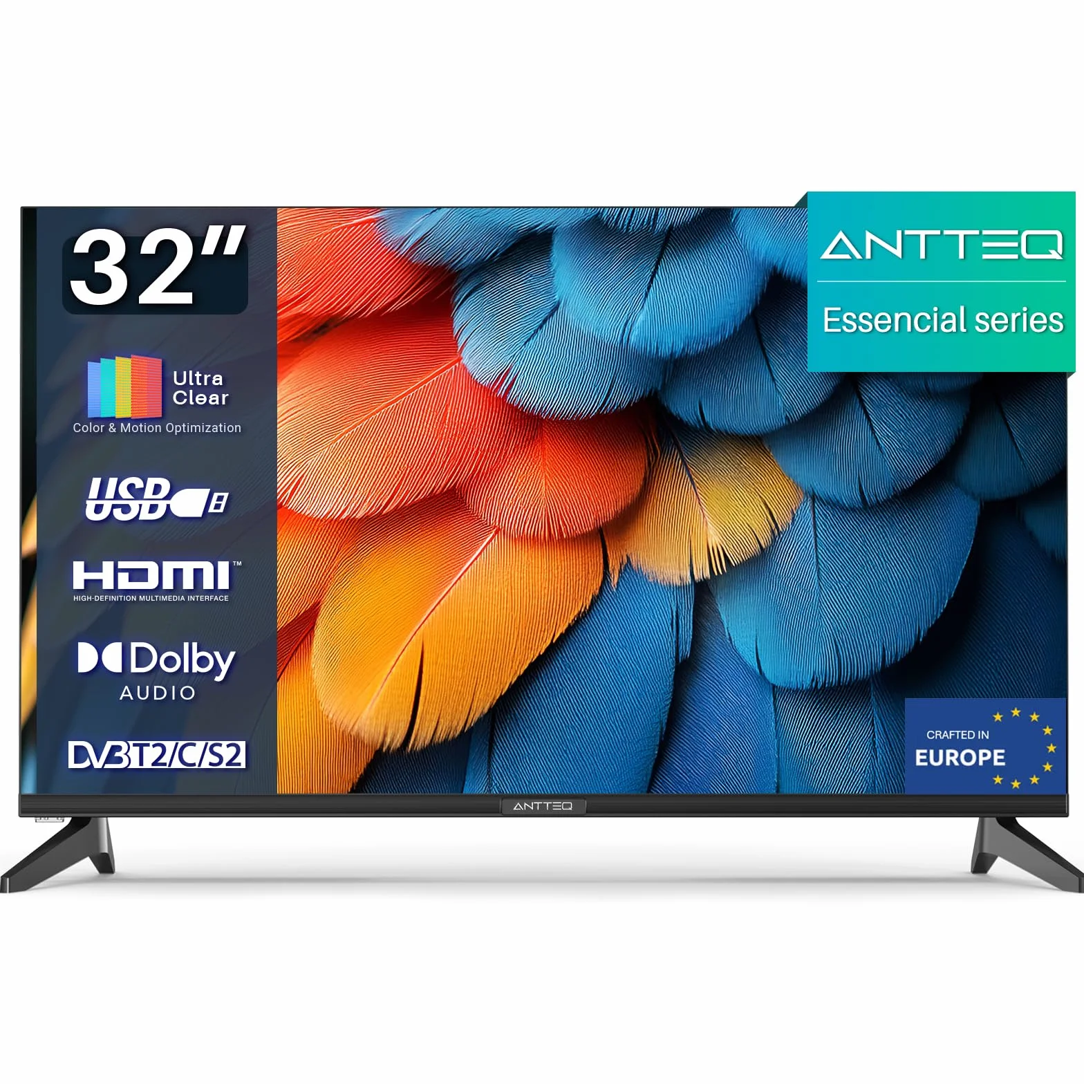 Antteq E32-AH1Q1L Fernseher 32 Zoll (TV 81 cm) LED TV, HD, Triple Tuner (DVB-T2/S2/C), mit HDMI USB-Media Player, Hotelmodus, Dolby Audio（Essencial Series）