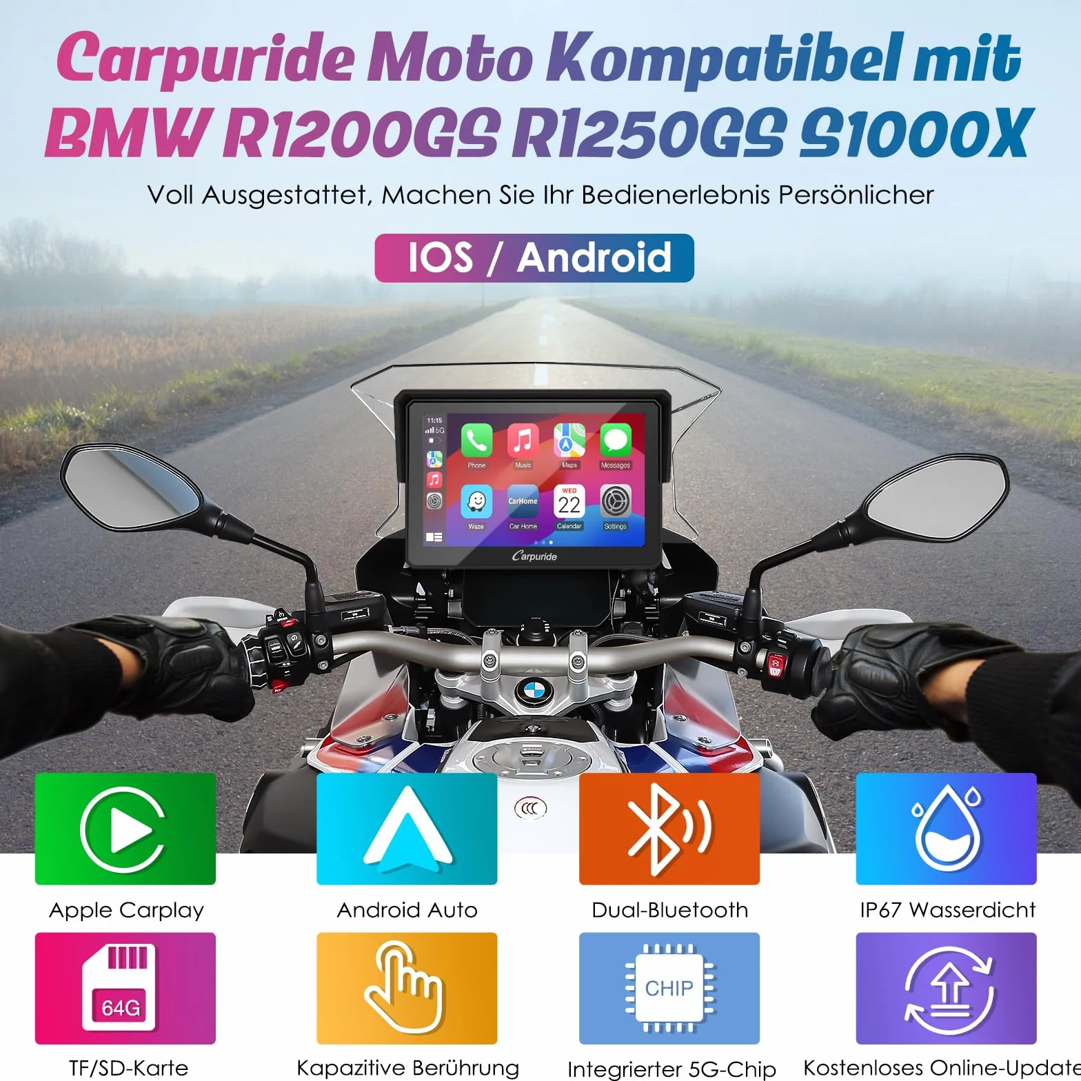 Carpuride W502B Motorrad-Carplay-Bildschirm für BMW R1200GS R1250GS S1000XR Motorrad, 5 Zoll Wasserdichter Touchscreen, Tragbare Carplay/Android Auto,GPS-Navigation, Dual Bluetooth