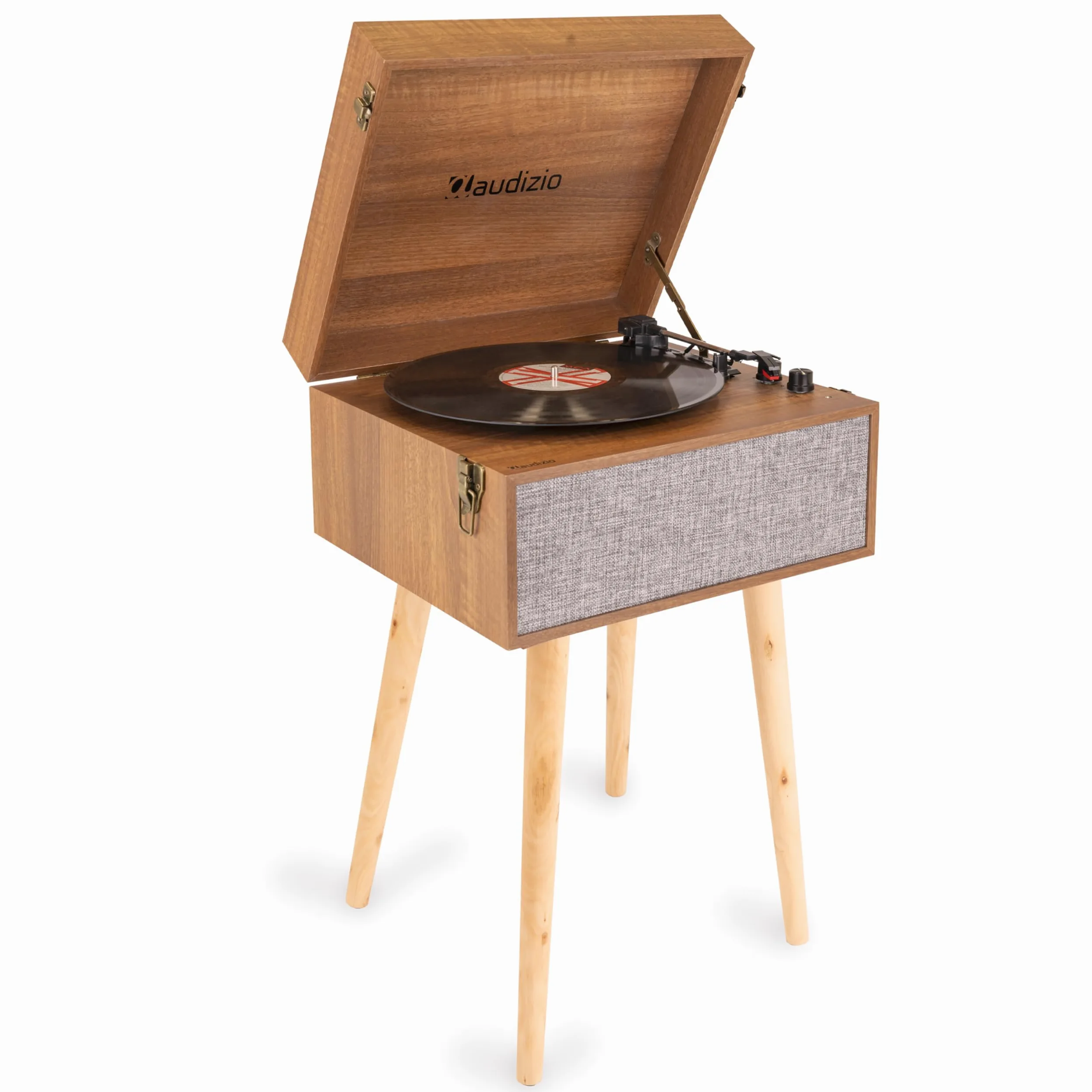 Audizio Fremont Schallplattenspieler Retro Plattenspieler Bluetooth Transmitter & Receiver, Tisch Plattenspieler mit Lautsprecher, Retro Vinyl Player für Schallplatten, Holz