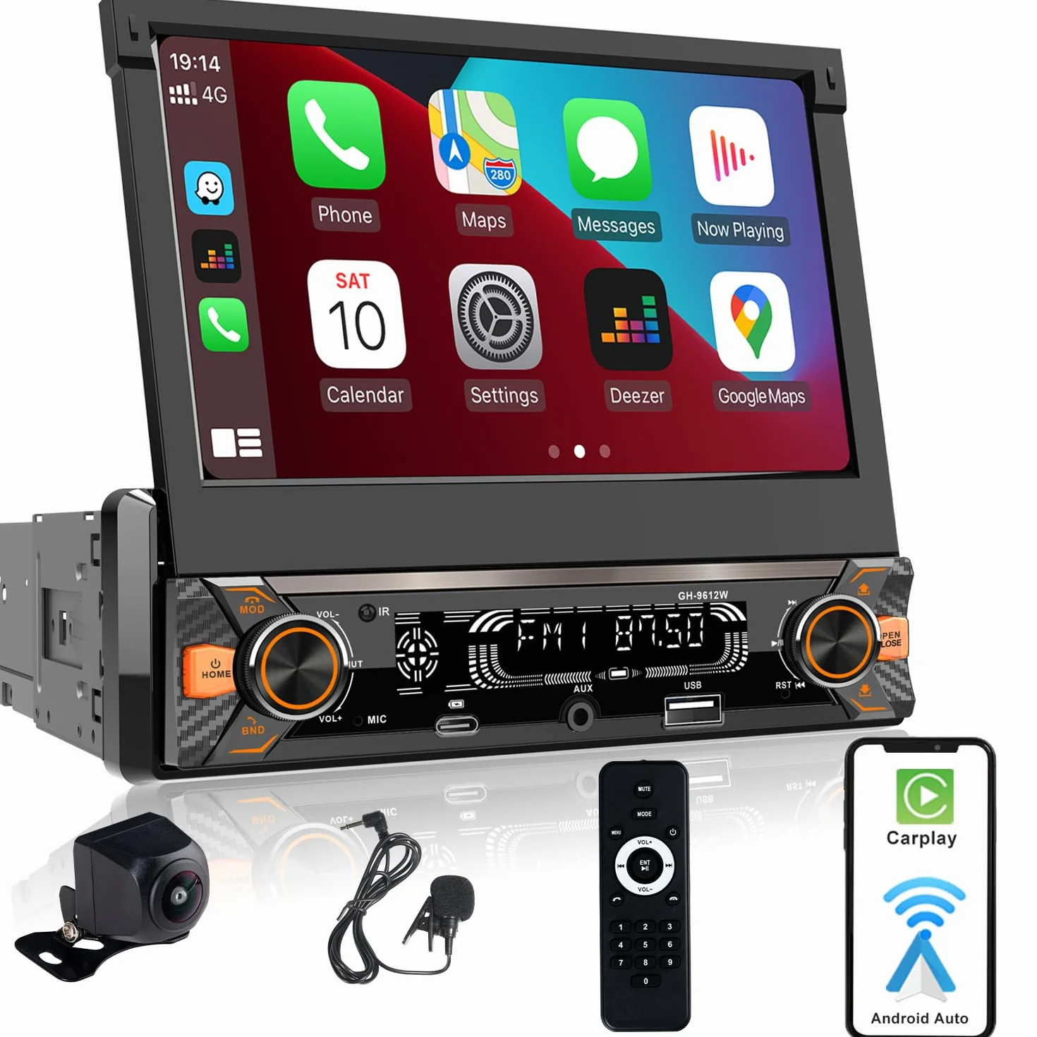 Autoradio 1DIN mit Ausklappbarer Bildschirm(7 Zoll automatisch), Kompatibel mit [Wireless] Apple CarPlay/Android Auto Bluetooth Typ-C USB(3A Schnellladung) AM/FM/RDS Radio Rückfahrkamera AUX