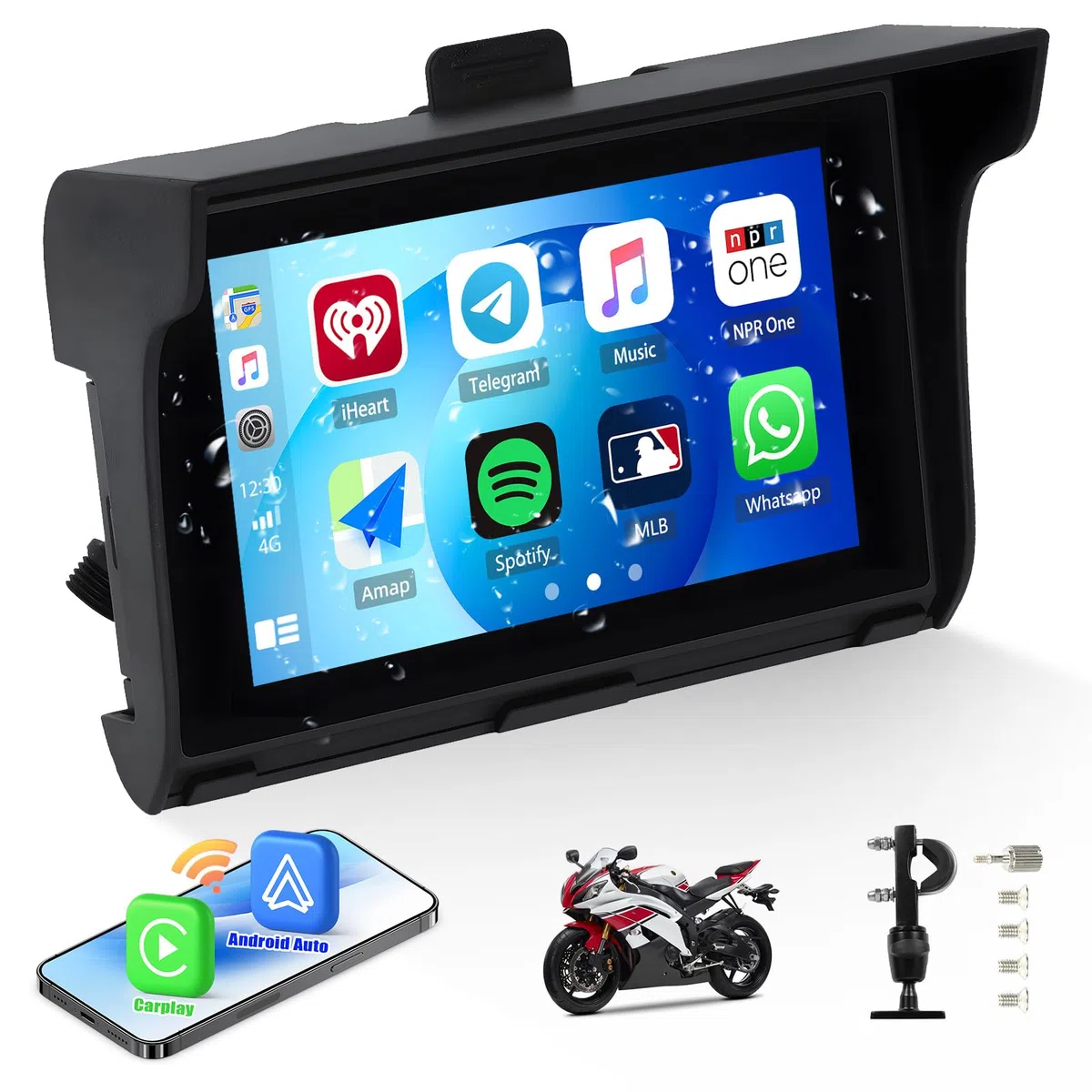 CAMECHO Motorrad GPS Carplay Bildschirm, Kabelloses CarPlay und Android Auto, Tragbarer 7 Zoll Wasserdichter Bluetooth Touchscreen mit Dual Bluetooth, EQ, Navigation, Siri