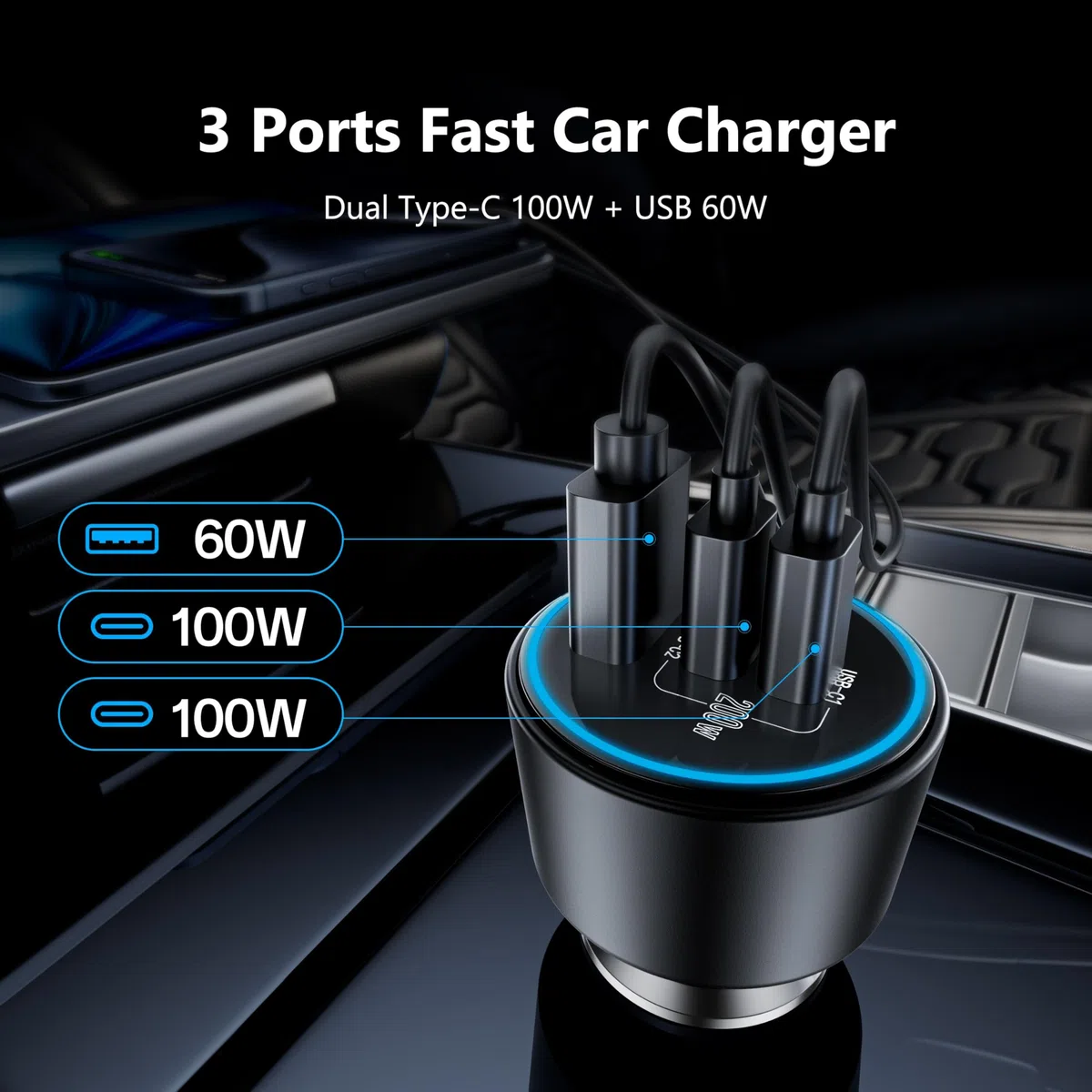 200 W USB C Schnellladegerät, Dual PD 100 W Typ C, PD3.0/QC4.0/PPS Zigarettenanzünder-Adapter für 15/14/13/12, Galaxy S22/S21 Ultra, MacBook, Laptop usw