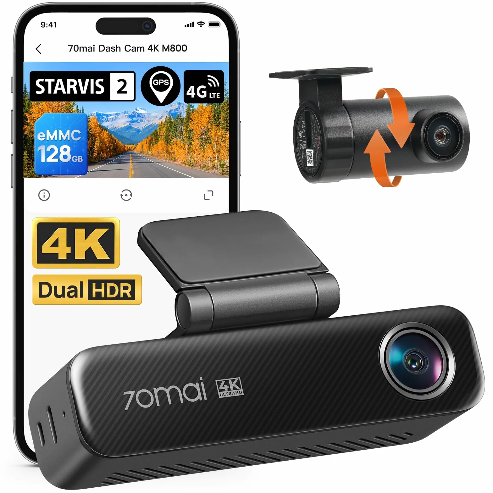 70mai M800 4K Dashcam Auto Vorne und Hinten, STARVIS 2 IMX678 Super Nachtsicht & F1.7-Blende, Dual HDR, integrierter 128 GB eMMC, Parküberwachung, 4G LTE Optional & 5 GHz WLAN, GPS, Sprachsteuerung