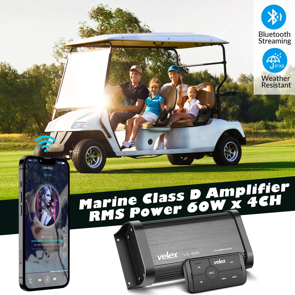 Marine Bluetooth Verstärker 4 Kanal Klasse D Amp Stereo auf Booten UTV ATV Golfwagen und Autos