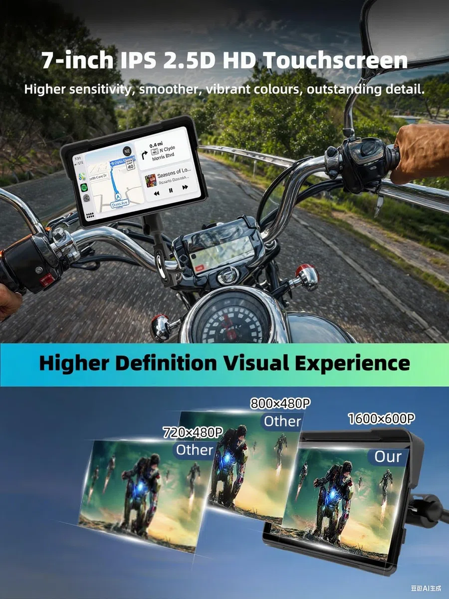 2026 Jansite 7 Zoll Motorrad Carplay Android Auto, 2,5D IPS Motorrad Display IP67 Wasserdichter Navigationsgeräte Für Motorräder mit Dual-Bluetooth, Siri/G-oogle Assistant