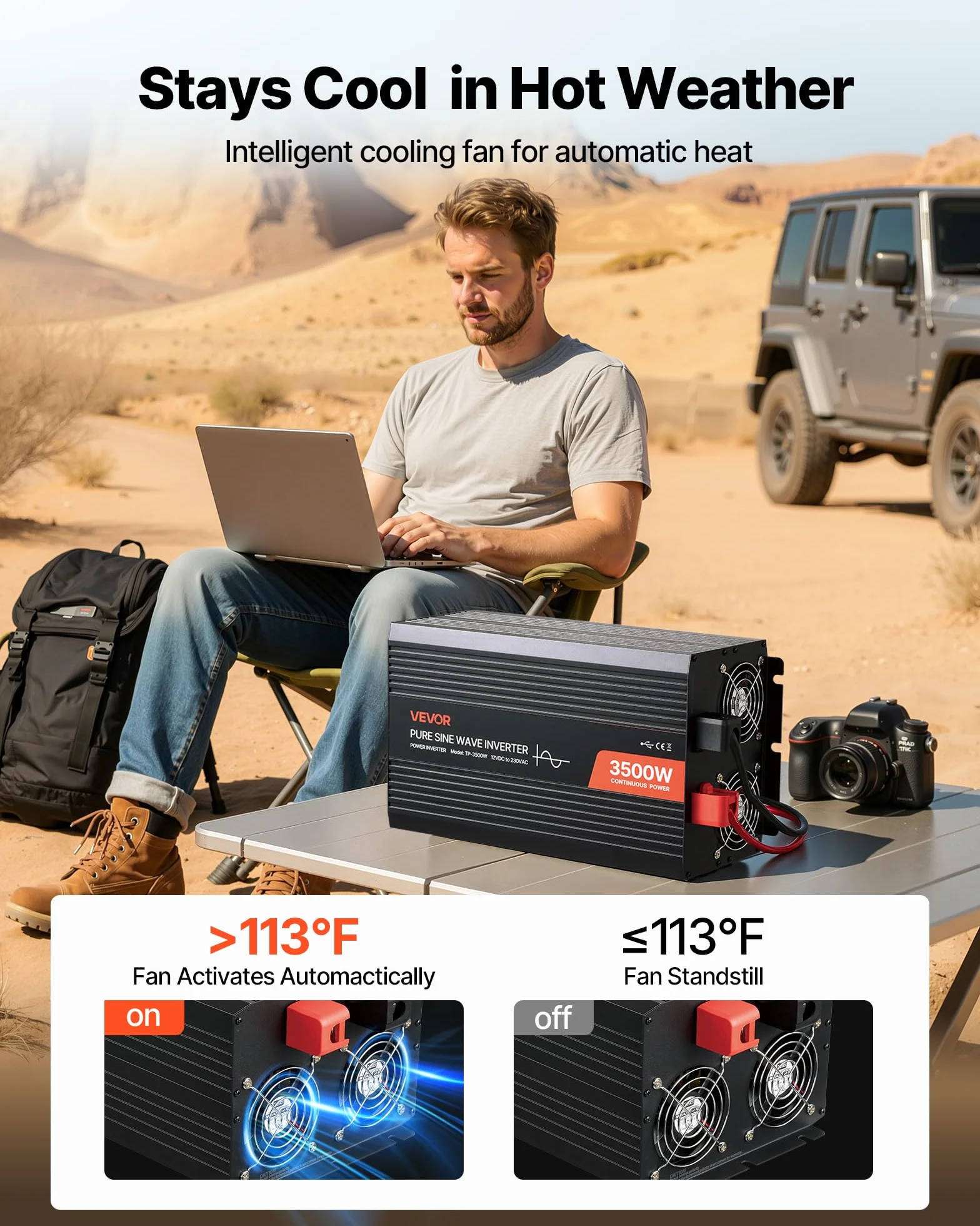 VEVOR 3500 W Wechselrichter, 12 V DC auf 230 V AC, Reiner Sinus-Wechselrichter, Solar-Autoladegerät-Konverter mit LCD-Display, Fernbedienung, USB-Anschluss, 2 AC-Steckdosen, Typ-C-Anschluss